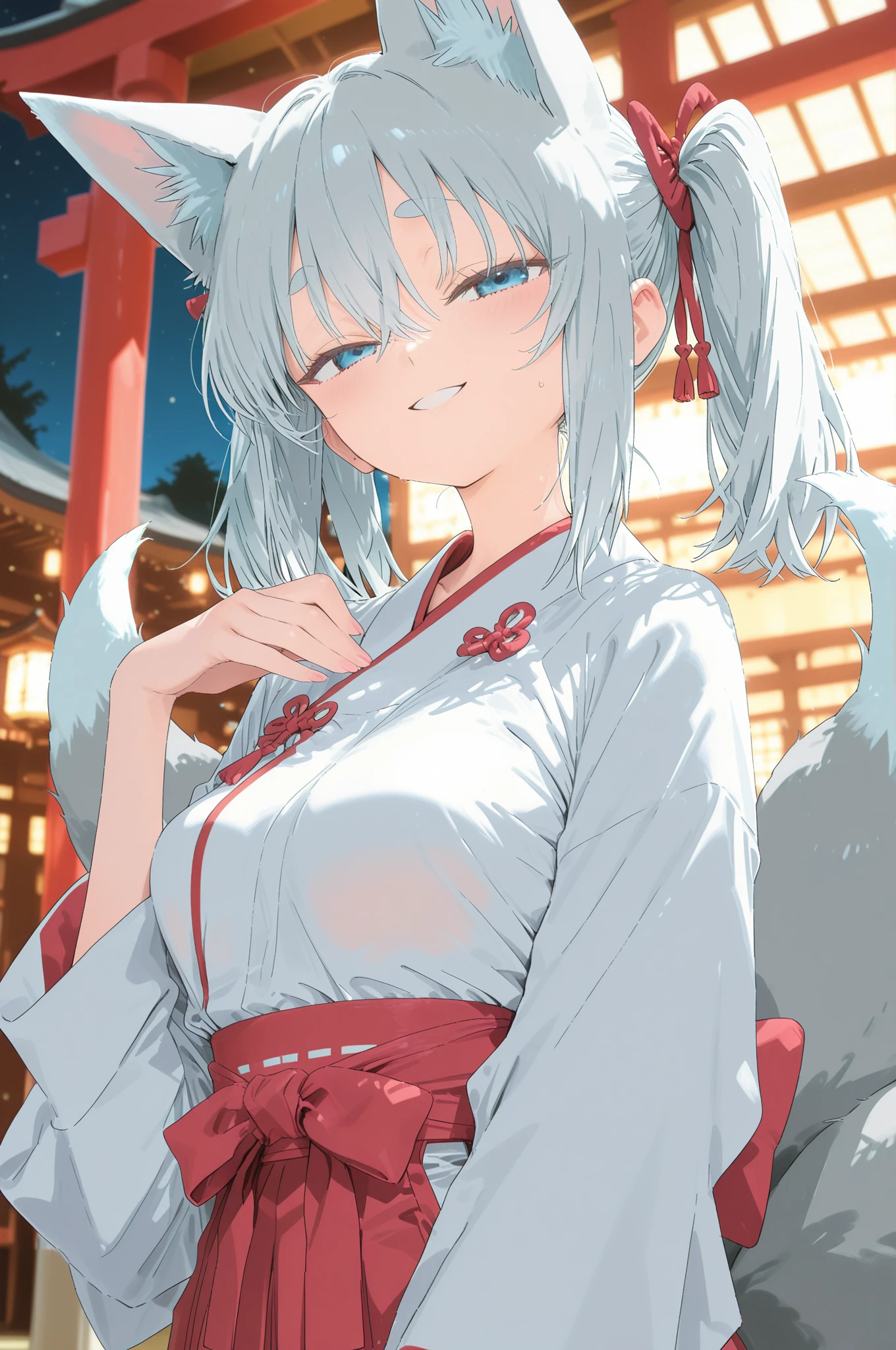 (Fox Girl, Fox Ears, Silver Hair, Fox Makeup, One Girl, Long Hair:1.6), (kimono, Kimono with open chest, A beautiful kimono with red and black patterns, I can see her cleavage, Open chest, Skin is visible:1.8), (Body measurements are 75-60-75!, Young girl body, Small breasts, Small breasts, Emphasize the chest, うつむきfaceは画面を見る:1.9), Avatar, face, lewd face, Dominant representation, naughty face, Uplifting, Skin Texture, outside, Grassy field