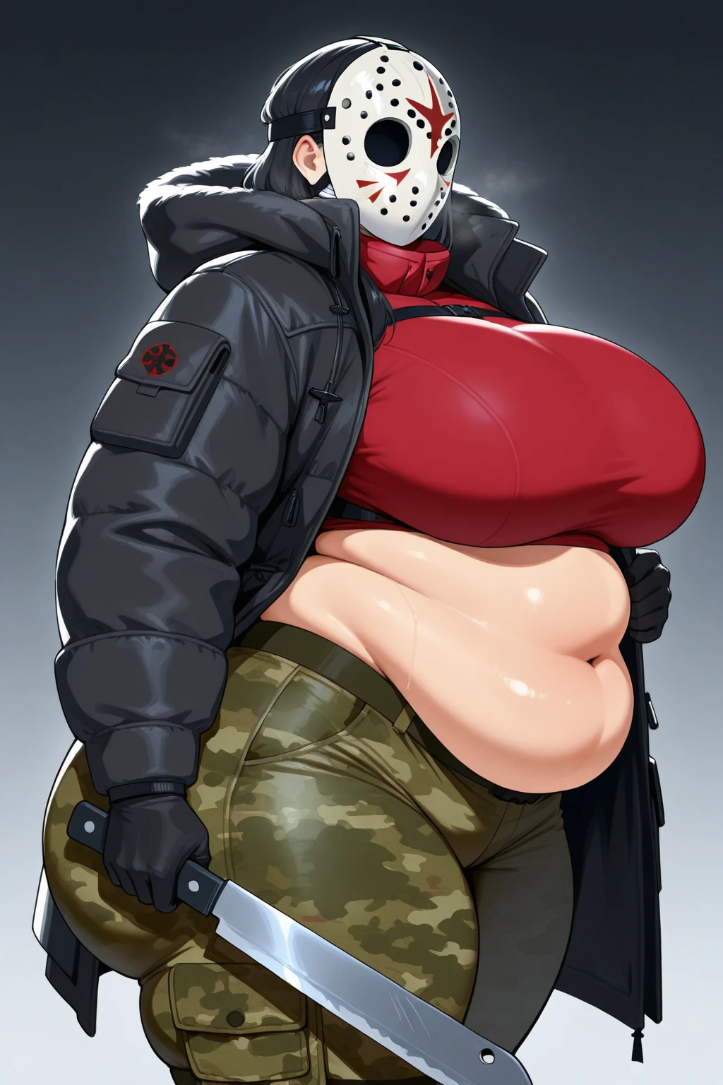 1girl, human girl transforming, fat belly, wide hips, sharp_teeth, bifurcated jaw, blood from mouth, long tongue, sharp claws, arthropod limbs, exposed bone, tentacles, blood stain, deformed, creature, monster, body horror, tearing through clothing, solo, horror \(theme\), outdoors, night, snowing, snowfield, winter, The Thing,