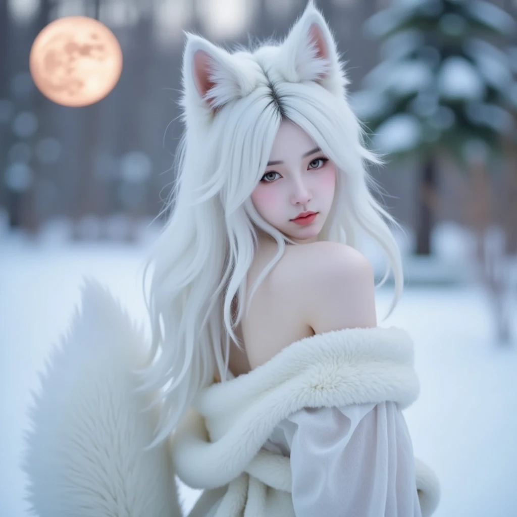 ( masterpiece, top quality, best quality,8k,17 years old girl,ultra detailed,raw photo:1.5),(photorealistic:1.4),(cinematic lighting), PerfectNwsjMajic, , Surrealism, UHD, ccurate, Super detail, textured skin, High detail, Best quality, dynamic angle, (high nose,White skin),[Beautiful blue eyes],[flat chest:large breasts:0.5],(1girl),(good anatomy:0.5)), Nine snow-white fox tails (1.0), Milky white fox tail (1.0), Close-up of nine-tailed fox, Nine tails, Nine tails，There are flowers on the hair, Very beautiful fox girl, Beautiful anime fox girl, Beautiful fantasy, guweiz, girl with fox ears, Very beautiful and charming fox girl, flower rain, The background  blurred, Dreamy atmosphere,mystical ambiance, Artistic interpretation,a whimsical illustration, Subtle colors and tones, mystical aura,white hair, vixen , hairstyle
