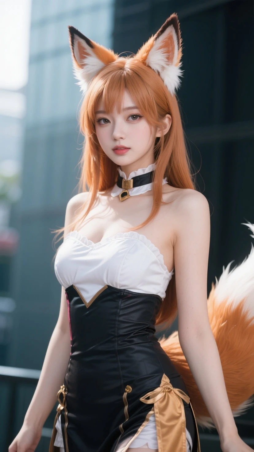 (Beautiful Western woman:1.2) (sexy body), big boobs, sexy body, deep (High quality) HD, boobs, round boobs, deep cleavage, open cleavage, hanging boobs, (tan skin:1.2) (slim abs) (happy face) Playful Fox Costume, A low-cut orange and white fox-printed dress with a furry fox tail, fox ears headband, and thigh-high boots