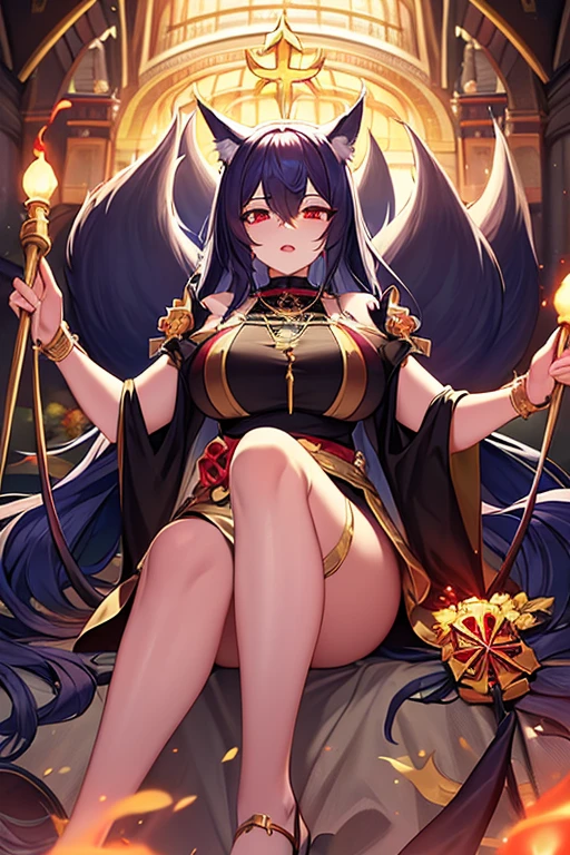 thigh to head shot, 1girl, smile, wink, large breasts, cleavage, glossy lips, pointy ears, long black hair, skull hairpin, (black robe, golden details), looking at viewer, slighly rotated body, black boots, (magic staff, crystal, gem), necromancy, undead