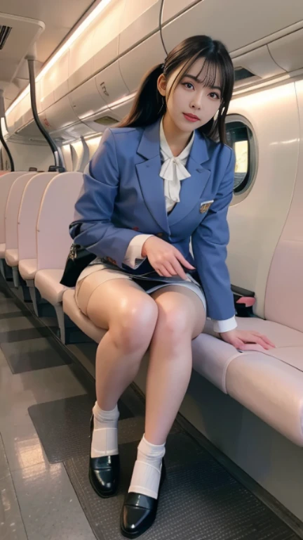 top-quality、hight resolution、ultra-detailliert、masterpiece、Raw photography、realisitic、Photorealsitic、extremely delicate and beautiful、finely detail、Textured skin、Ceiling from below、1womanl、(Solo:1.2)、Alone、Young bus guide in Japan、(Sit on the bus seat with your crotch open:1.1)、(Spread your legs to the sides:1.5)、I'm showing my panties、(white panties:1.5)、(Bus Guide Uniform)、(Tailored jacket in blue:1.3)、(yellow scarf)、(a miniskirt:1.5)、(Thin white gloves:1.3)、(high-heels:1.2)、hat、beauitful face:1.5、tall、Brown hair、(Bare legs:2)、perfectly proportions、Do not expose your upper body、(Do not take off your skirt:1.5)、(At SFW:1.5)