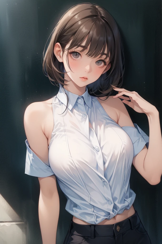 (((masterpiece, best quality, ultra highres, 1 girl, solo, no background))), super detailed skin and face and eyes and finger, beautiful japanese woman, small breasts:1.5, skinny, light brown hair, very short hair,pixie haircut, cowboy shot, white background, 2D anime, boyish, expressionless, Various clothes, Various poses, Please draw the entire character within the frame, ensuring that the head, arms and legs are not cut off, with the character positioned centrally, nipple dots, pajamas,