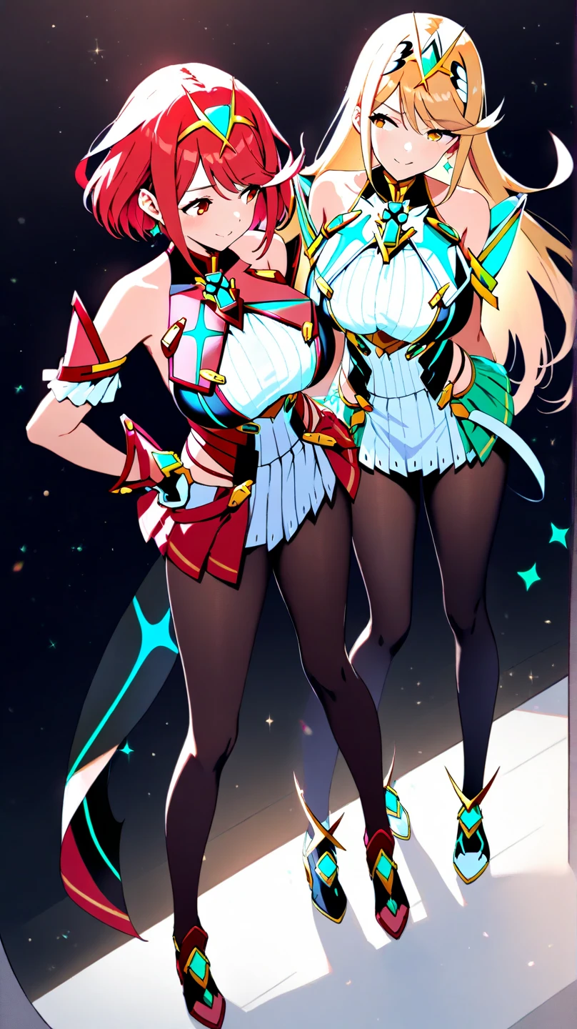 masterpiece, best quality), best resolution, (2heads:1.5), 1girl, red hair, blue hair, yellow eyes, carefree, smiling, yellow armor, rpg influence, crystal cavern background