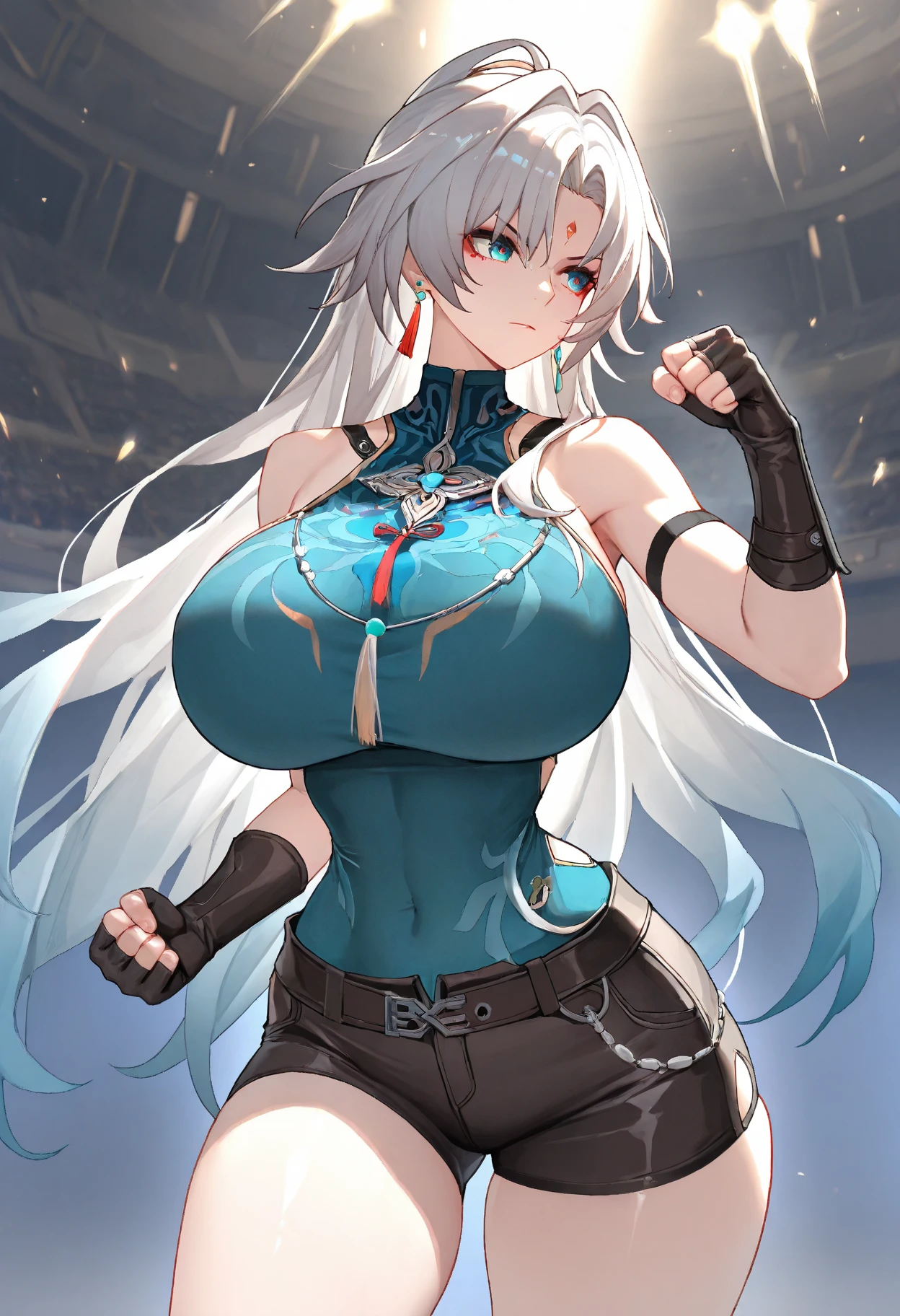 1 girl, white crop top, blue shorts, glowing skin, huge breasts, parted lips, blue eyes, masterpiece, ultra quality