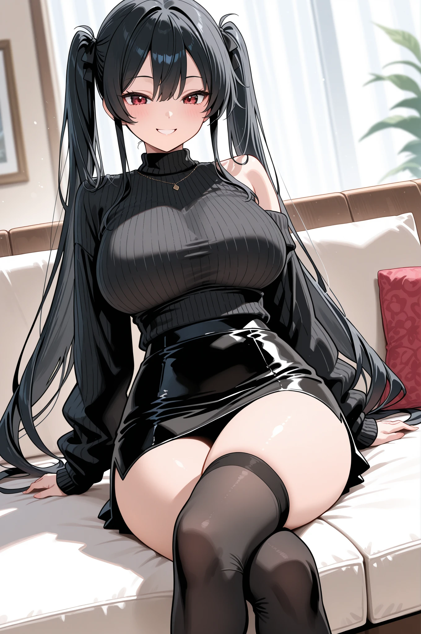 ((Highest quality)), ((masterpiece)), (detailed), woman,Age 25,(White knitted sweater),(mini skirt),Shoulder Bare,Big Breasts,blush,Underbust,(Her cleavage is visible),(Excited expression),(Seduce),night,indoor,Remains,nightのRemains,Dim lighting,(In a dimly lit room),(In a messy room),Browsing Caution,sexy,dirty,Sweat,(Black knee-high socks),(Lift your chest with both hands),(Sticking out tongue),(The mouth becomes white and dirty),