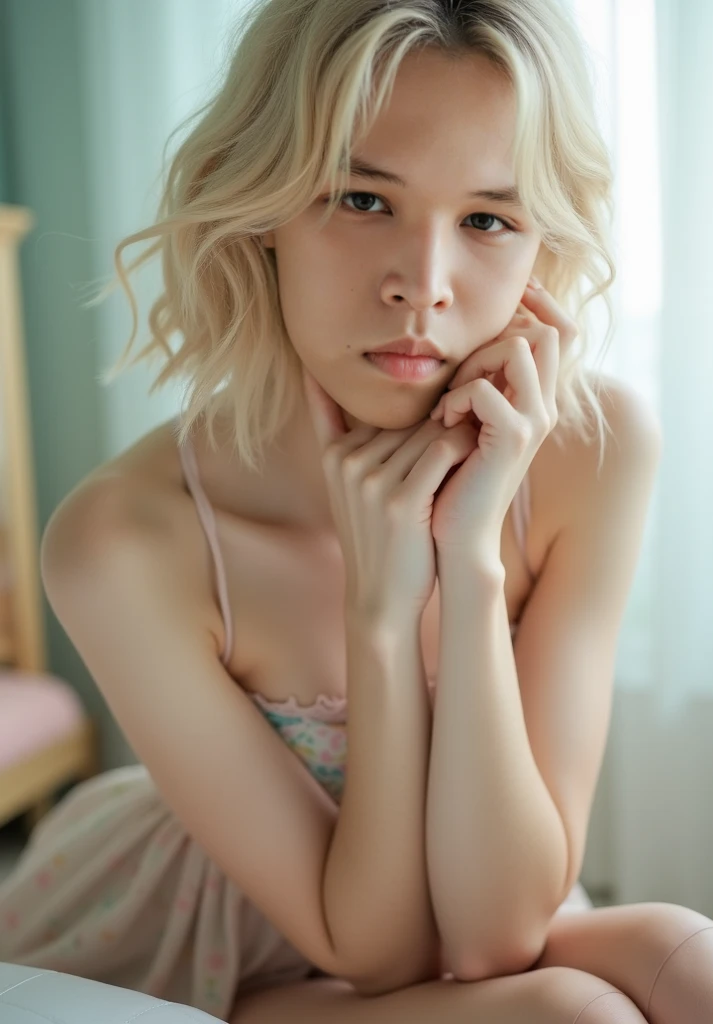 (high quality), (masterpiece), (high-resolution), original, extremely detailed 8K wallpaper, (an extremely delicate), a young girl 15 years old Malay, short blonde hair bob cut, Malay  with a flat , ((flat : 1.8)), Malay hot model, attractively, small and dainty body figure, photorealistic perfect body figure, really flat , ultra realistic picture, perfect detail body figure, Poses Crawling   ((crawling : 1.5)) at main road, nose blush, big laugh,