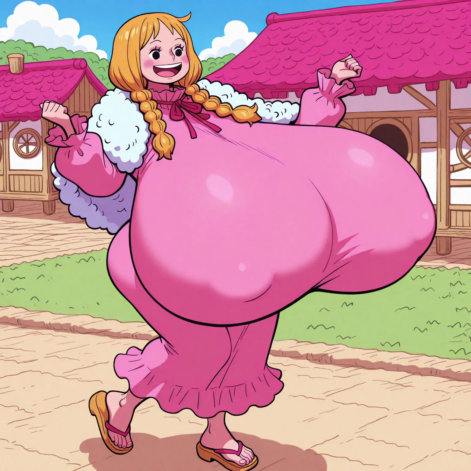 <lora:Mrs. Puff:1>, 3d cartoon, cartoon accurate, anatomically correct, masterpiece, best high quality, ultra details, RAW Photo, intricate details, perfect anatomy, 4k, 8k, quality lighting, perfect face, detailed hands, detailed eyes, (solo:1.3), obese, pufferfish, Mrs. Puff, blue sailor's outfit, yellow string necktie, blue sailor cap, red skirt, bright crimson shoes, beige skin, (light teal fins for limbs:1.4), five brown spots under her face, (each of her fins has three green lines in the center), (back is light brown and covered in spikes), (big eyes with lots of wrinkles around them), round beak, pink lipstick, (blonde wig with an orange outline), (thick thighs:1.5), (wide hips:1.6), (big breasts:1.5), (big butt:1.5), (cellulite:1.1), front view, <lora:BGV5EX:1>
