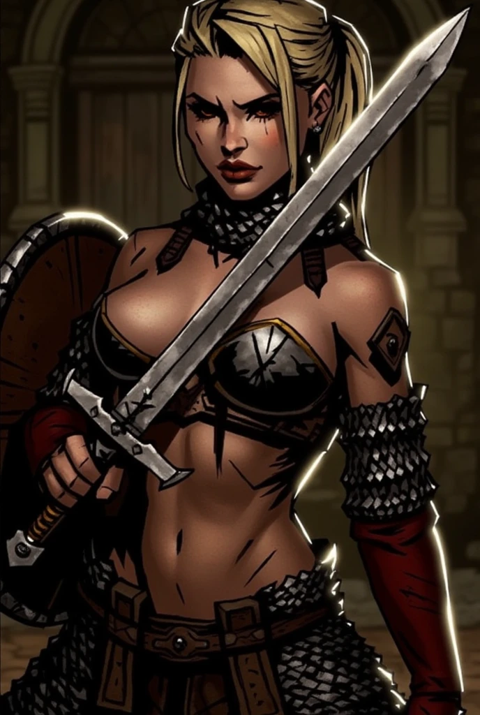 female elf wearing armor and holding a sword in a stone dungeon
