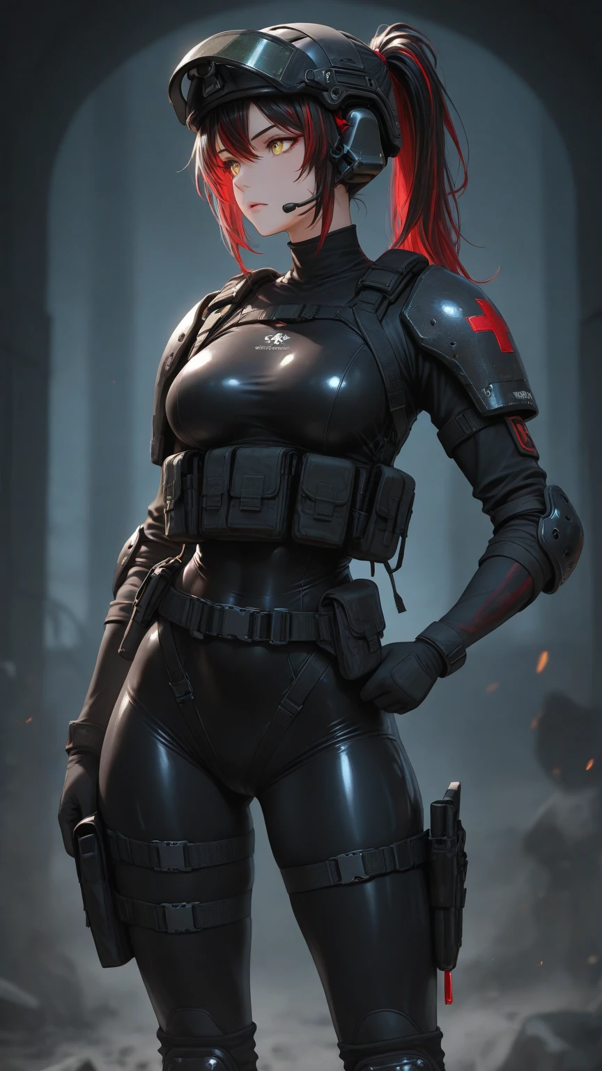 Portrait of a sexy black woman in a Gears of War game costume ((soaking wet with a blood)), redhead, freckles teacher is walking leaning against the wall, natural dynamic pose, full body, greasy leg, dramatic and dark atmosphere, cinematic, faded colors, dark shot, muted colors, grainy film, lut, insane details, intricate details, hyperdetailed