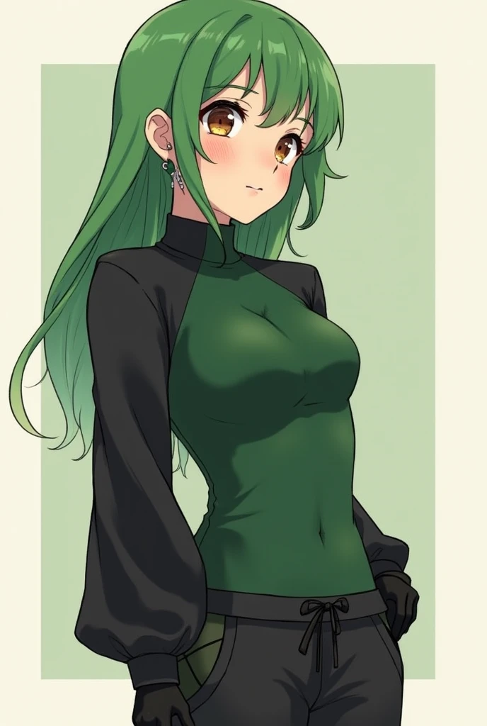 anime girl, masterpiece, high quality, ubel souzou no friren hot, sleeveless black top with armpits neck and belly uncovered, cleavage, short black skirt, legs, perfect full body,thicc, accurate anatomy, white skin, standing, legs, wearing heels on foot. green dence dark hair ponytail, slightly tilting her neck, one hand on her hips other hand facing up, green eyes, smug smile, seductive face,