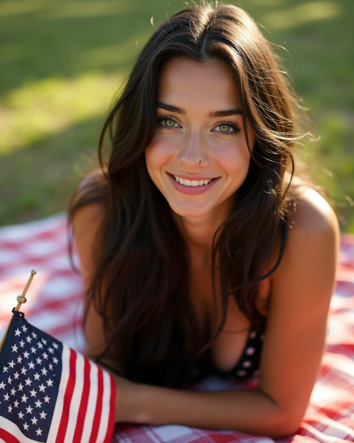 Beautiful 22 year old model nighttime holding a sparkler’s, at a Fourth of July picnic smiling seductively holding an American flag wearing red, white, and blue clothing. She is busty showing ample cleavage, brown hair medium length parted to one side.