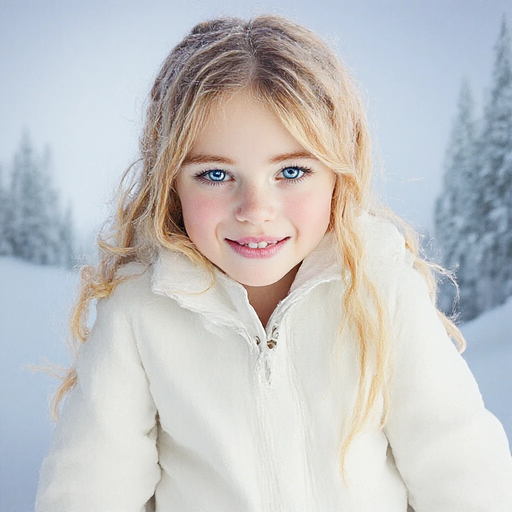 (raw photo: 1.2), (photorealistic: 1.4), (best quality: 1.4), (ultra highres: 1.2), (highly detailed: 1.3), (HDR: 1.2), (cinematic lighting: 1.3), (detailed eyes), (detailed facial features), (detailed fur), (snowy background: 1.2), blonde 8-year-old girl, standing pose, (body portrait 3/4: 1.2 --auto --s2