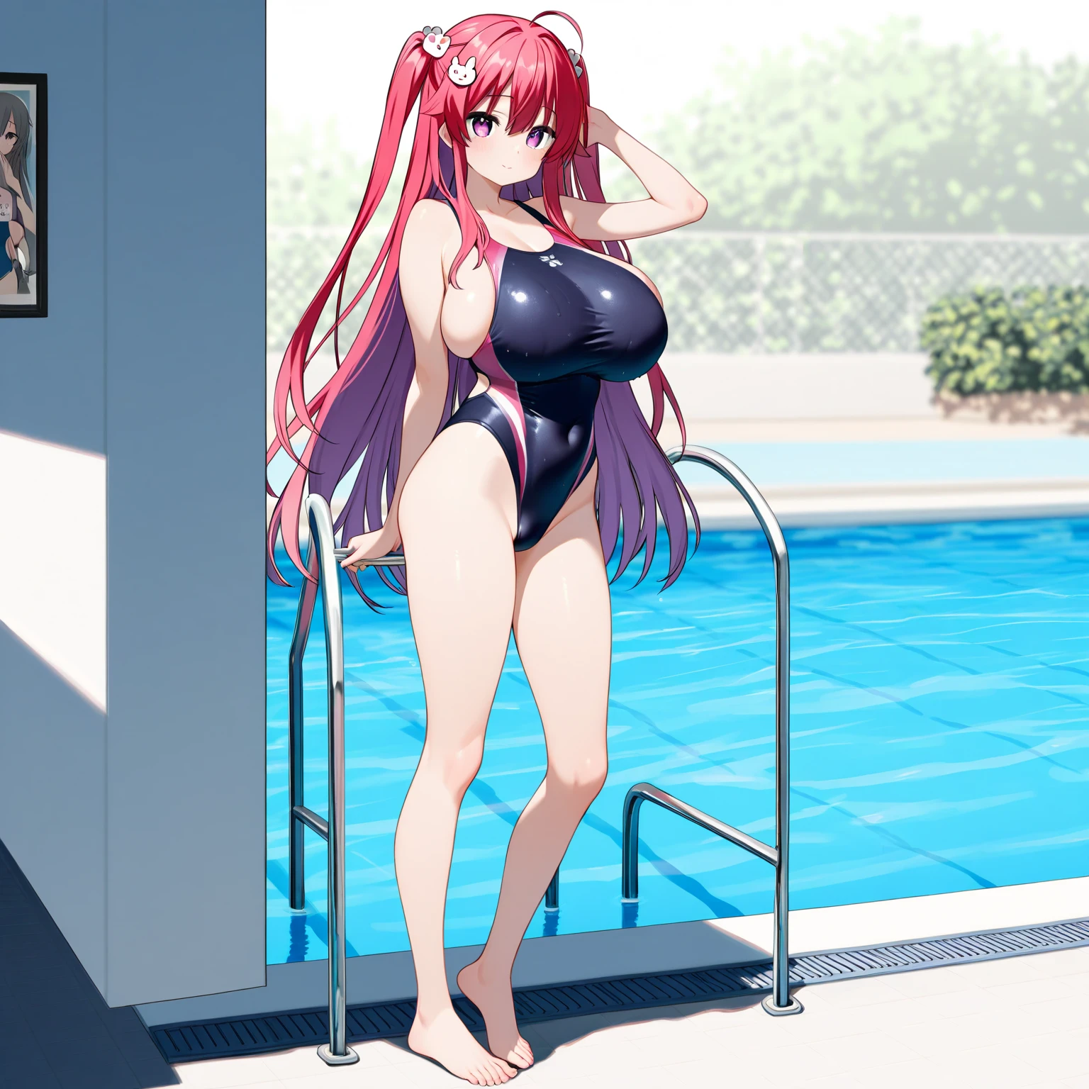 Top image quality、top-quality、8K picture quality、1girll、, nino nakano, full body Esbian、inner strength、smile、embarrassed from、red blush、Colossal tits、(Gold Metallic:1.4)、(Sleeveless)、(High neck competitive swimsuit)、(highleg)、(Crotch penetration)、(pin heels)、Squatting on the ground、(Open your crotch wide from side to side)、Arms behind your head、(Show off your armpits)、gazing at viewer、((Face the viewer))、((Show viewers your crotch)) 、((Frontal shot))、in poolside、profetional lighting、professional photograpy