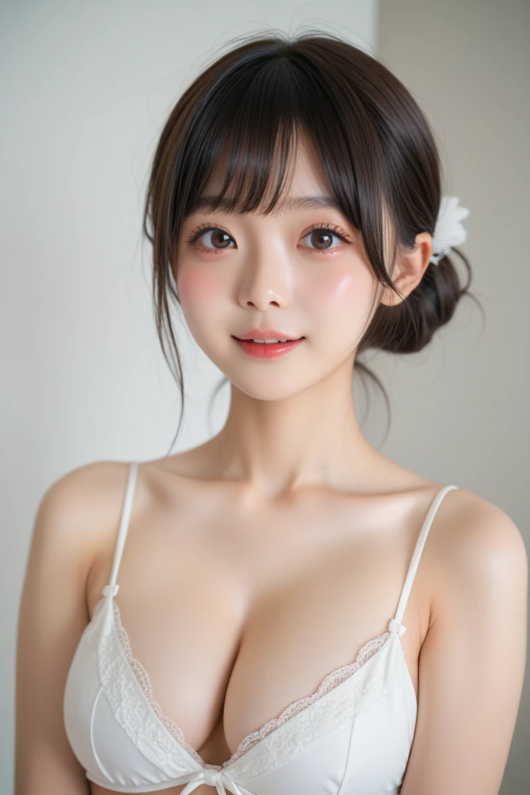 (smile)、(disorganized、highest quality、Mysterious、Beautiful and cute、perfect human body balance、official art:1.2)、(1 girl:1.3)、(big breasts:1.2)、shiny skin、(Detailed lace underwear:1.4)、(Looks embarrassed:1.3)、(Super detailed upper body portrait:1.4)、(high ponytail:1.3)、(masterpiece portrait)、(Japanese)、(teenage girl:1.5)、brown eyes、chic wallpaper、calm background、bedroom、