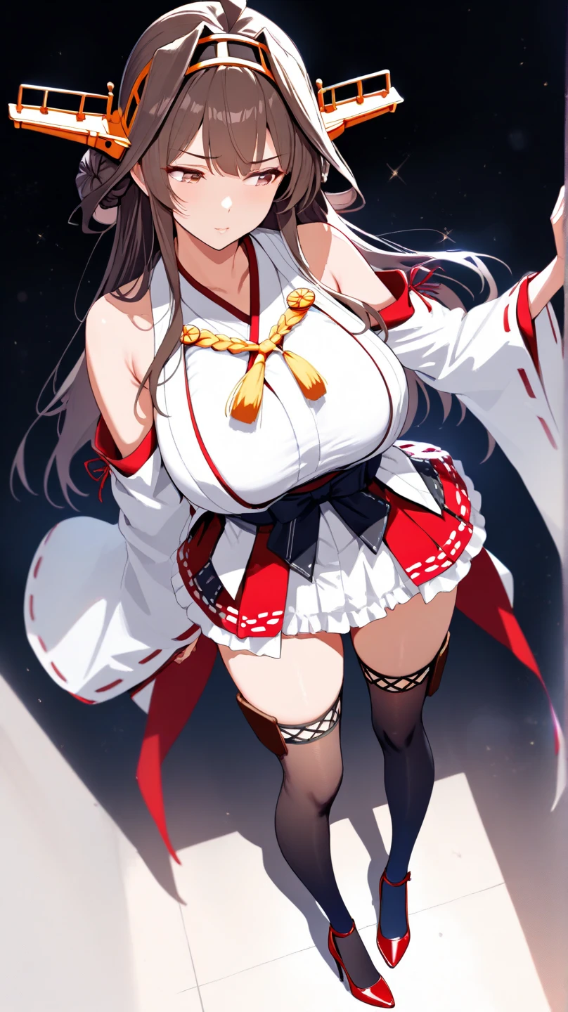 (hews art style:0.7), score_9, score_8_up, score_7_up, score_6_up, uncensored, michiko tanaka, black hair, long hair, forehead mark, parted bangs, yellow eyes, BREAK (masterpiece:1.2), best quality, high resolution,(detailed eyes:1.3), perfect lighting, (perfect hands, perfect anatomy), hearts, pleasured, medium breasts, sagging breasts, 1girl, breasts, thighhighs, solo, skirt, breast curtains, bell, open mouth, thighs, detached sleeves, thick thighs, looking at viewer, white thighhighs, arm up, panties, red skirt, armpits, underwear, japanese clothes, white panties, outdoors, cameltoe, miko, arm behind head, pleated skirt, nontraditional miko, revealing clothes, curvy, standing