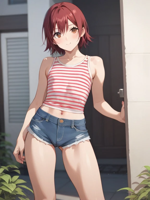 NSFW,((highest quality)), (masterpiece: 1.2), very detailed,(perfect and beautiful posture:1.2),(Solo,mature man),(short cut hair),(flat chest:1.4), ((confused and embarrassed and blush,cum:1.3)), shyness and crying:1.1, (Sweaty, sunburned skin:1.4), (tight Sports White bra, tight blue sporty lowrise swimming bottom:1.3),(erect nipples:0.3),navel out, (standing upright:1.3),pink heart shaped earrings and necklace,lips, steaming body, show teeth,midriff,outside, black long socks,skneakers,thick red lips,drooling,excessive cum,skinny,outdoor,navel out,((tight thighs,inner legs:1.1)),heavy breathing,looking at viewer,mouth open a little,(chubby),(in the crowded park,macho men surrounding her:1.3),Looking at viewer