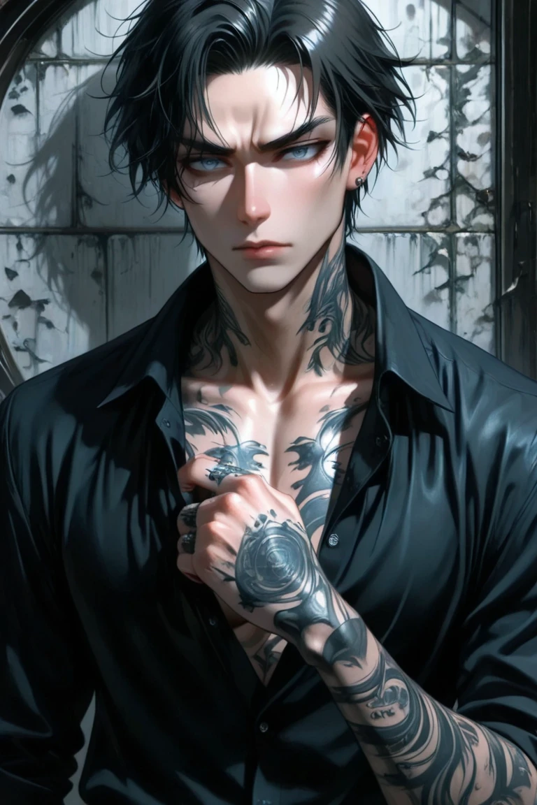 Adult guy, short dark green hair, cat ears, high ponytail, cyan eyes, combat kimono, left chest and left arm open, tattoos, fan, serious look, bow, masterpiece, high quality