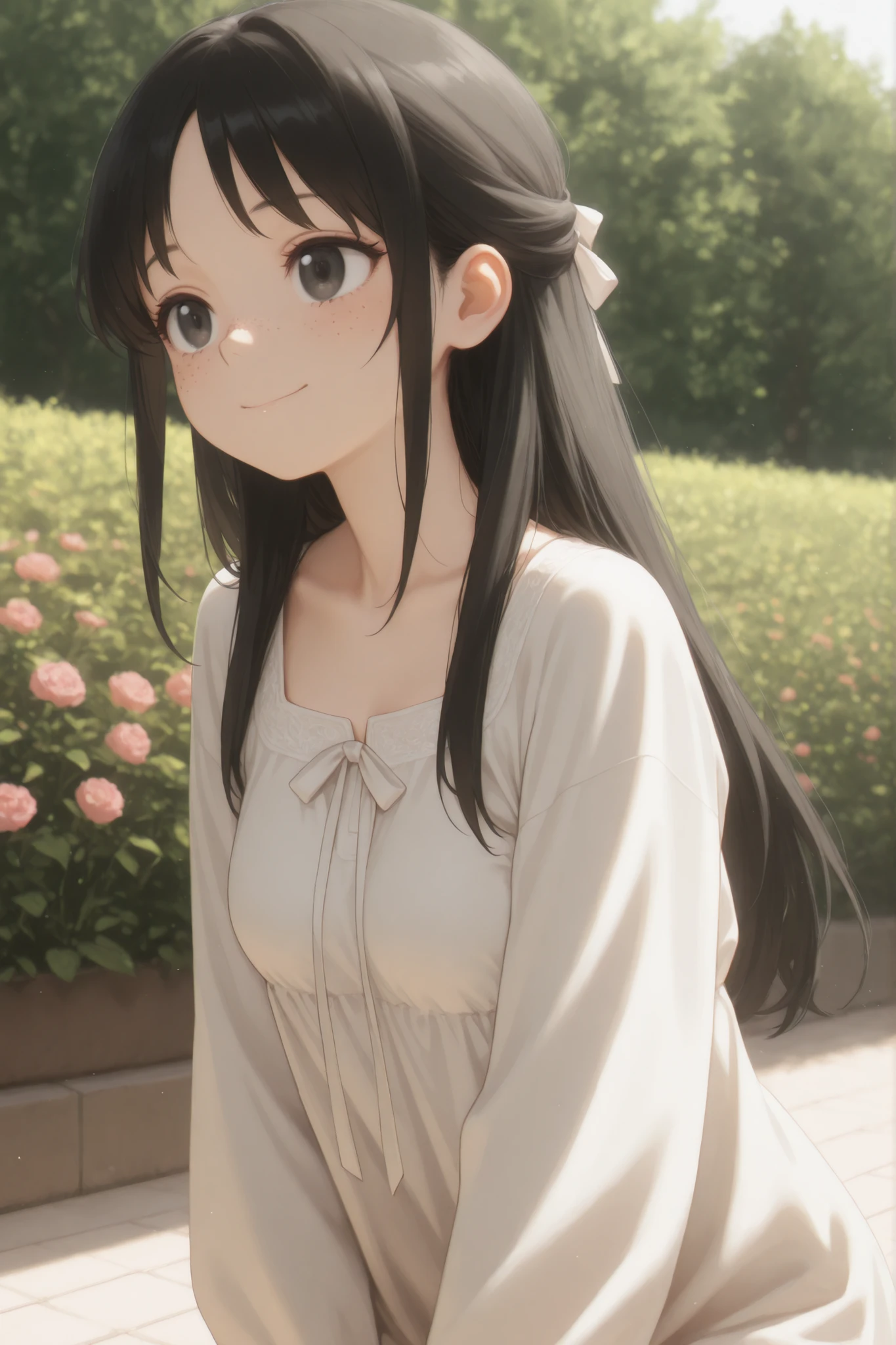 masterpiece, good resolution, HD Quality, newest. good anatomy. good lighting, safe. beautiful, anime, Japanese girl, delicate features. Black hair and even below the neck, Hairstyle. black eyes, happy. piel clara, Soft and smooth, freckles on cheeks. Medium Breasts Size C, slim build. He is 20 years old, She is 1'56 cm, wearing clothes:Hanfu traditional , shenyi, Ruqun. Alone, looking at the spectator, Spring background, garden.