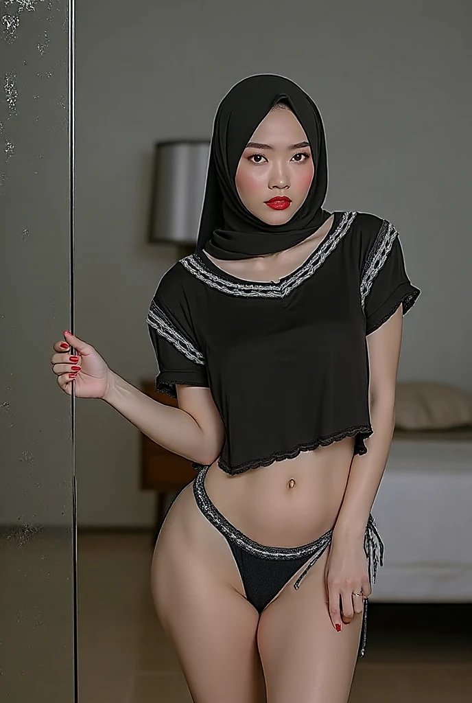 ((1girl)), in Sexy black hijab, instant camera flash, pose at balcony with desert as a background, makeup with glossy lip, small breasts, (Hijab girl in balcony:1.4), various angle, ((faced focus)), 22 years old, Beautiful Japanese Girl, random pose, (nsfw:1.4), realistic light, realistic skin tone, pussy slip, middle east country mood, Islam, Halal, (in the desert country:1.4)