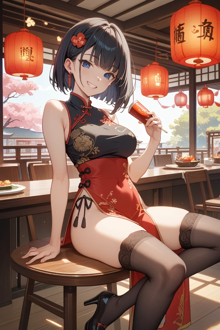 (Official art、Best Quality、Unity 8k Wallpapers、32K、masterpiece、ultra-detailliert、超A high resolution、realisitic、Photorealsitic:1.2)、(Cinematic lighting:1.2)、Fireglow effect、film grains、Best Shadows、Rim lighting、side lights、sideshot、(Ultra-detailed and complex 3D rendering)、Detailed beautiful face and eyes、A slender、Medium bust、(Full body:1.2)、 Highly detailed background、Chinese Restaurant、Carry dishes、beauitful face、blurry backround、a beauty girl、(super detailed skin、detailed skin textures:1.3)、Black hair、short-hair、Double bun、Blue eyes、Red cheongsam with gold thread embroidery、Wearing high heels、Floral hair ornament、(thighs thighs thighs thighs:0.9)、Smile with open mouth、dynamicposes