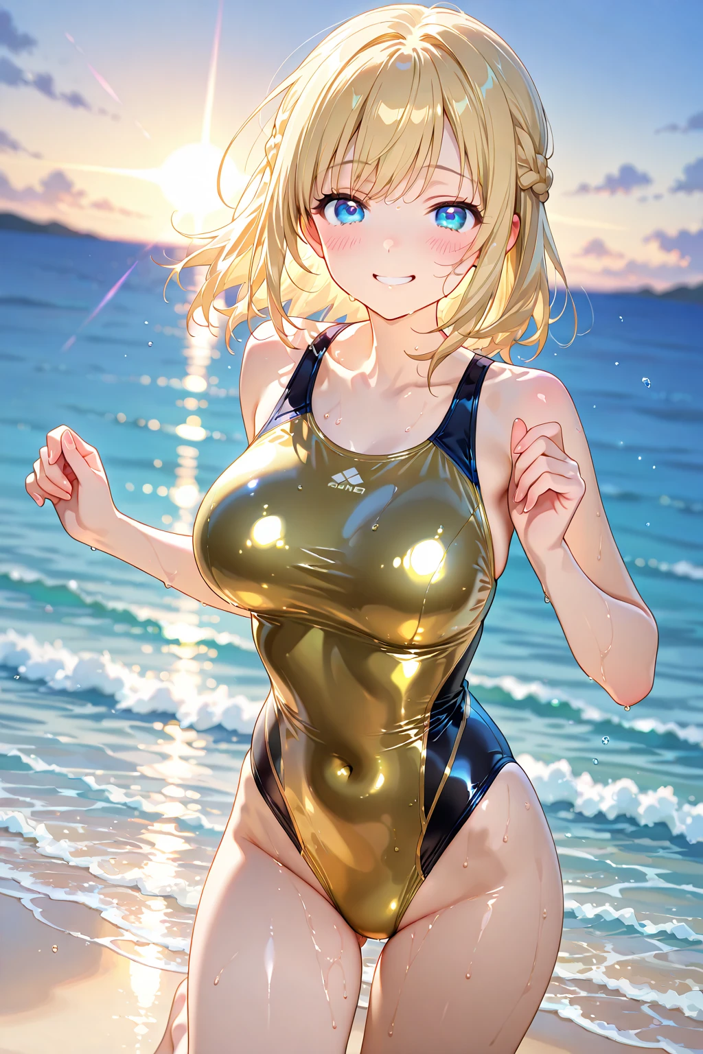 (Crotch)、Open your legs towards the viewer、pretty 1girl, top-quality、The ultra -The high-definition、hight resolution、extremely details CG、8K Unit Wallpapers、17 age、Beautiful detailed eyes,large boob、Platinum Blonde Hair,bob cuts、biomechanical oppai,Grid girl posing on the circuit 、zippers、(Golden Metallic Competition Swimsuit)、(((One piece swimsuit with lines)))、Sleeveless、darkskin、(FULL BODYSHOT)、(Shiny body:1.3)、 Open mouth, blush, Sweat,be shy、metallic golden