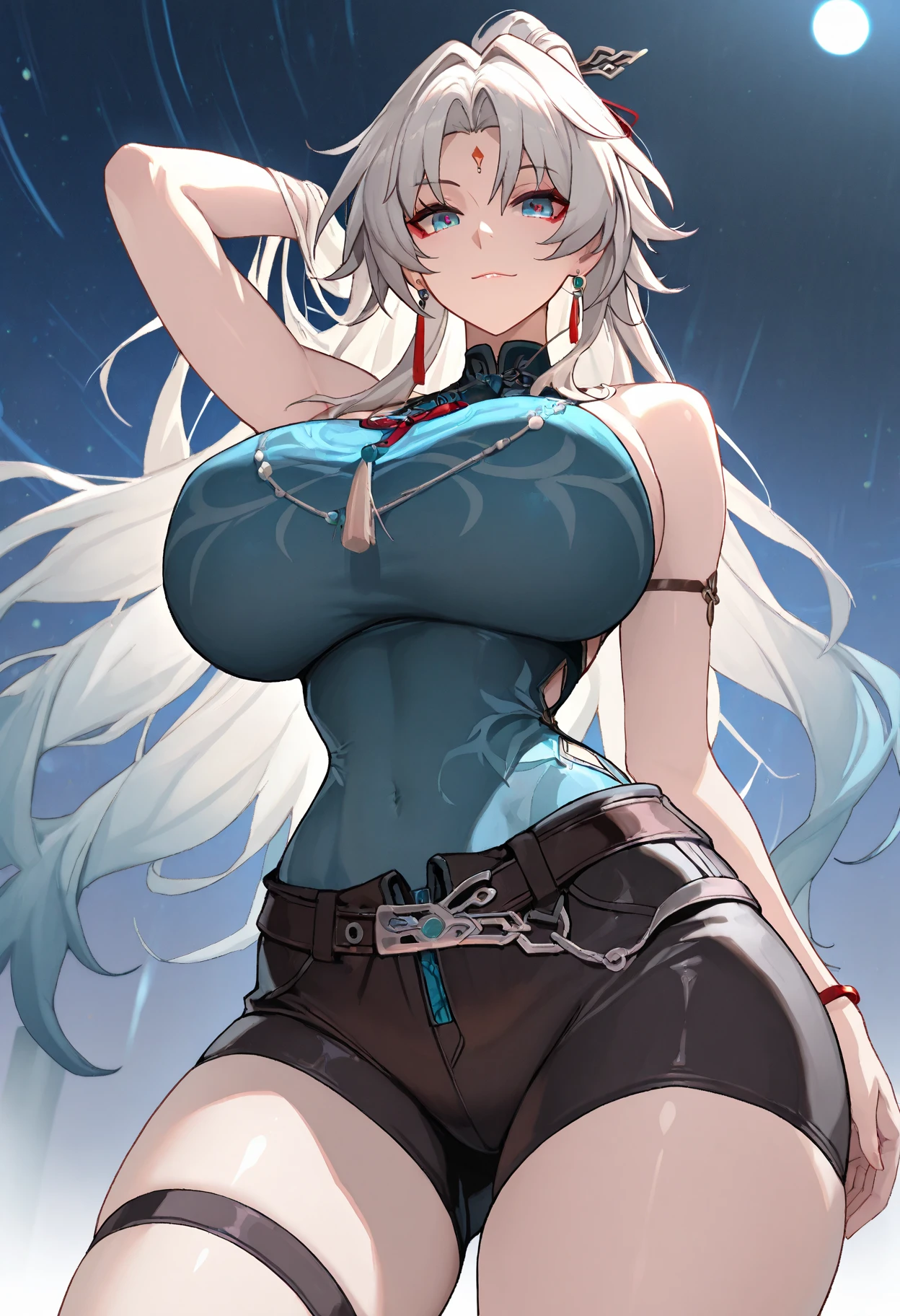 Masterpiece, hi res, absurdres, Best Quality, 4K, detailed, 1girl, female, Mature woman, large points wolf ears on top of head, wolf tail, yellow eyes, stoic face,emotionless, tall, dark blue micro bikini, ragged jeans, long elbow length white hair, muscular, abs, thick, huge breasts, close to viewer, looking down to viewer 