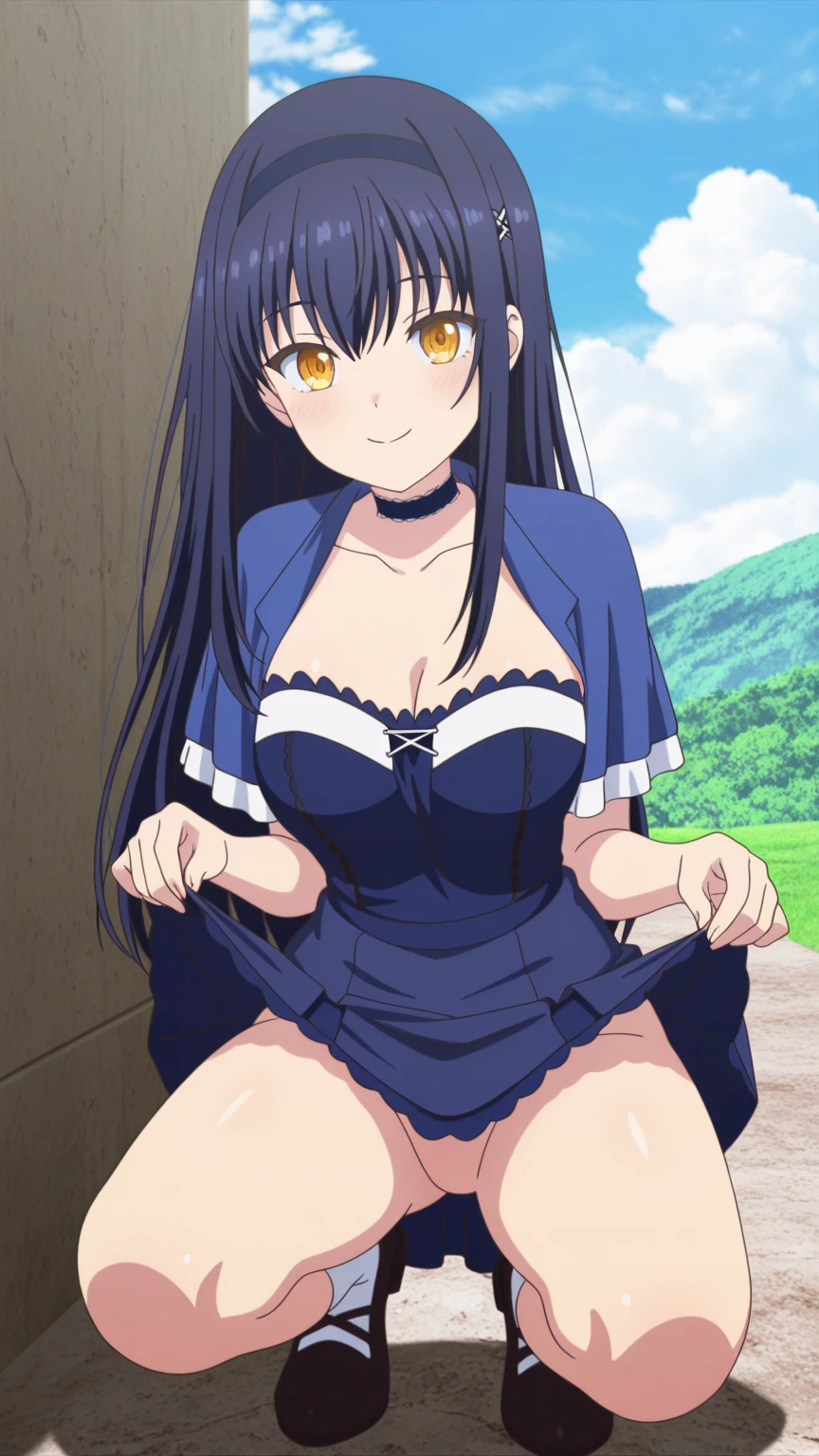 score_9, score_8_up, score_7_up, source anime,prefect lighting, very aesthetic, anime screencap, anime coloring, dungeon ni deai wo motomeru no wa machigatteiru darou ka, hestia, black hair, blue eyes, twin tails/long hair, hair ornament, white dress, center opening, blue ribbon, rei no himo, upper body, portrait, smile, looking at viewer, squatting, spread legs, white thong,