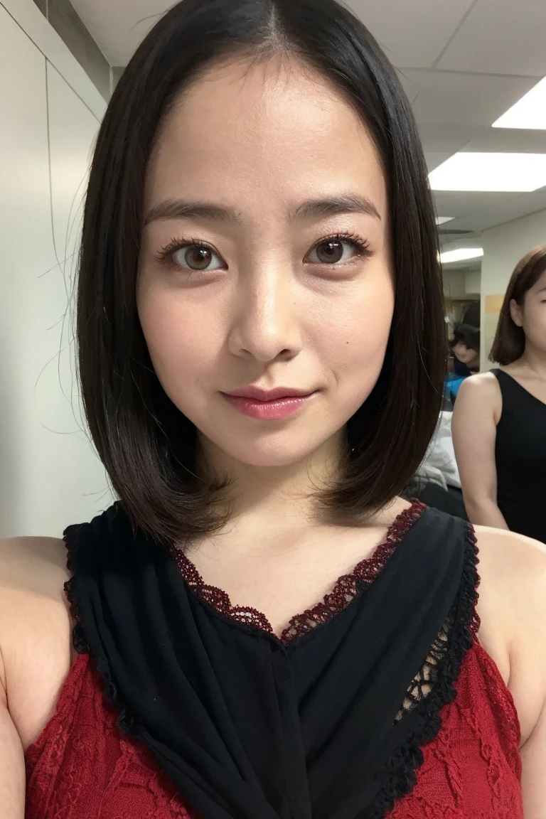 highest quality,masterpiece,Ultra-high resolution,(Realistic:1.4),Beautiful lighting, (Highly detailed CG Unity 8k wallpaper), Beautiful face in every detail,Detailed clothing, 50mm portrait photography, No background、One Girl,Big black eyes, cute, young, Temporarily stop, Facial Lighting, Physically Based Rendering,Written boundary depth , Black Hair, short hair, ((Take from above)), Japanese women、20-year-old、Navy floral dress、(Big Breasts)、(Upper Body)、Young and beautiful woman taking a selfie, Taken with iPhone camera、In front of a white wall