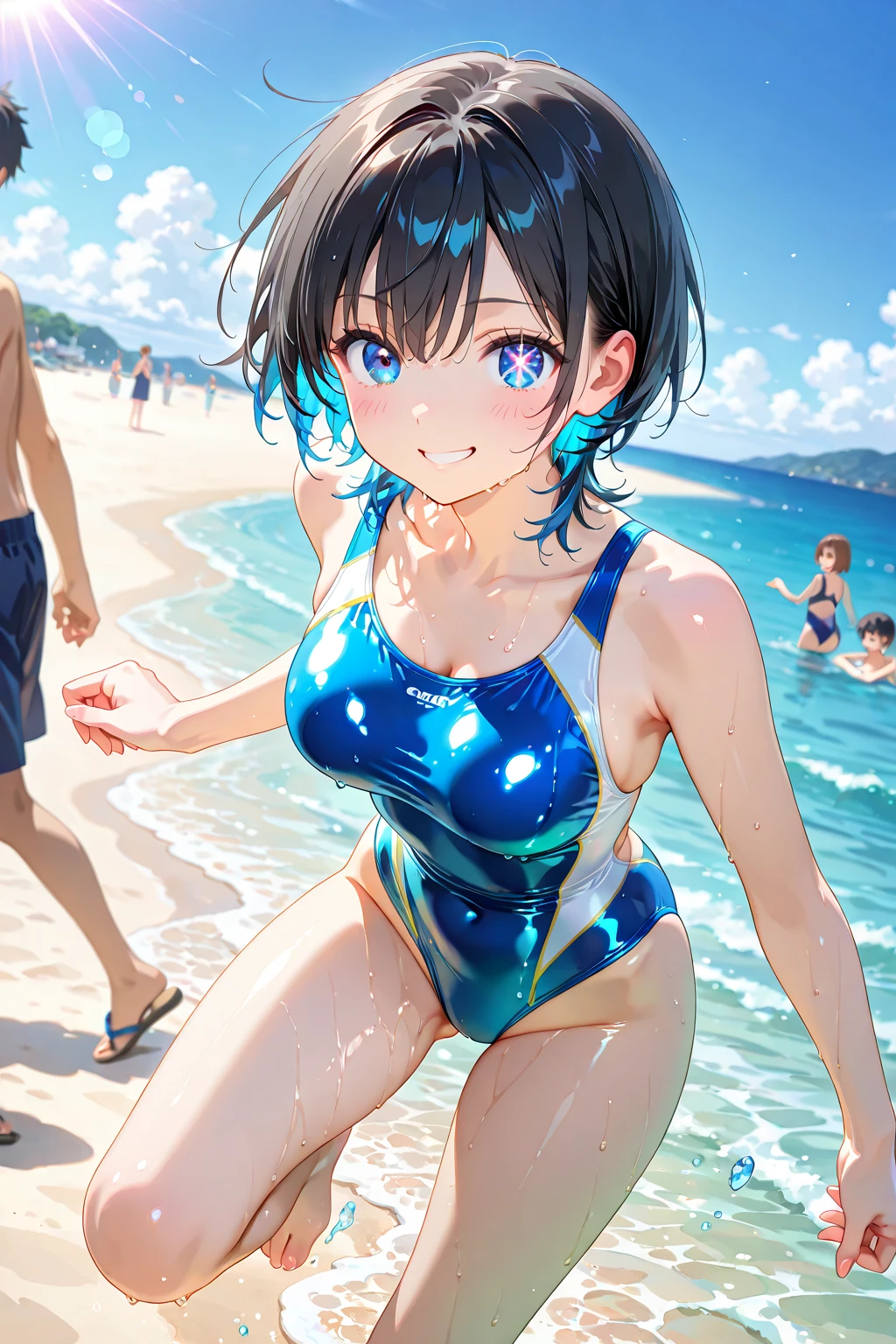 ((Lying on a rubber boat floating on the sea)), ((rash guard)), ((Sleeveless)), ((swimsuit sides see-through)), ((The swimsuit is a vivid color)), holographic fabric, skindentation, skinny, solo, 1 woman, Masterpiece, highest quality, highest quality, 16K, incredibly absurd, highly detailed, 2.5D, ai-generated, delicate and dynamic, very delicate facial expressions, delicate eye depiction, erotic, only sexy woman, ((A cute and kind face)), healthy figure, 25-year-old woman, bride, 160cm tall, medium firm swaying bust, (dark hair), black eye, blush, Sweat,Embarrassed,sexy, ((thin thighs)), (Erect nipples:0.7), (visible nipples:0.5), ((shiny and lustrous)), facing straight at viewer, ((brown black skin)), ((Oily_skin)), sweaty skin, wet skin, (suntan), dutch angle, ((sexy pose)), Dynamic poses, ((Summer Sea)), Strong sunlight, ((On the open sea)), ((sexy pose)),, ((Lying)), Navel, ((On the open sea)), Knee Up,