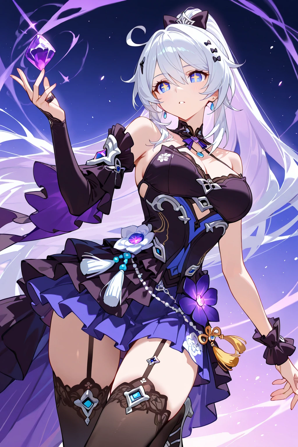 masterpiece, best quality, very aesthetic, absurdres, 1girl, mature_lady, ,1girl, keqing \(opulent splendor\) \(genshin impact\), genshin impact, purple hair, hair bun, dress, breasts, long hair, twintails, purple eyes, cone hair bun, bare shoulders, pantyhose,rose,dark_background, flower, ice_flower, icicle,,floating droplets of water,
