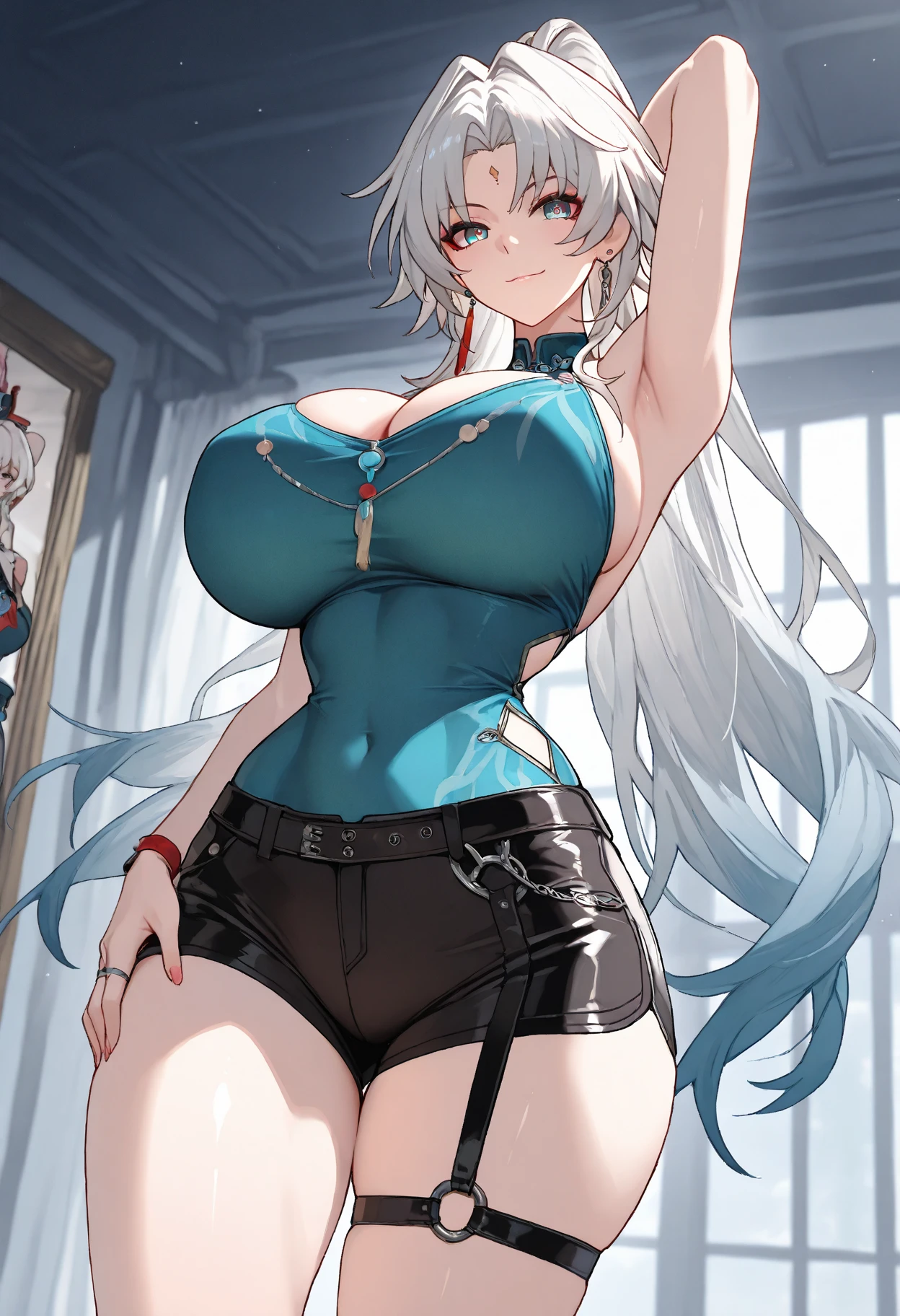 unielhilda, heterochromia, ((best quality)), ((masterpiece)), ((realistic)), beautiful woman, nsfw, ((large_boobs|tits|breasts and saggy breast in 188cm:1.5)), gorgeous mountain scenery, bright day, stunningly beautiful, ((blond and blue hair ombre:1.2)), style:comic 90s, (()), ((voluptuous_2*)), apple butt, apple boobs, lactation, milfication, mature female, sharp eyes, cinematic, hard hip, buxom, stocky, (unrealistically giant breasts:1.4), (more details:1.15), hair over eyes, hair over one eye, (exaggerated body features:1.4), monster girl, zoroark's hair, Anivia's crystals and (fox ears:1). Incorporate characteristics, monster woman, realistic ((boobs incorrect body proportions:1.3)), (LoRA:Large breasts-Huge breasts-Nipple optimization_2*: 1.155), (LoRA:Russian Doll Likeness: 0.75), (LoRA:Fake Breasts_2*: 1.115), (full_body:1.2), solo, (Long legs:1.1), smile, furrowed brow