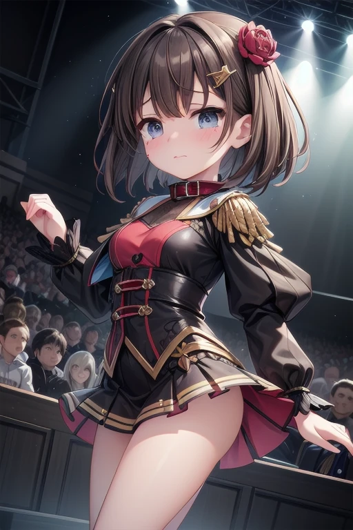(​masterpiece, cowboy shot from below, sfw:1.3), (8K, highest quality fantasy anime, Top image quality: 1.4), 12yo kawaii petit little loli leaning forward and looking down at viewer on the stage、against the spotlight, blush, showing cleavage of the medium breast:1.2、no bra, perfect pupils of big droopy  eyes, Super Detail Face、Eye of Detail, open mouth, Bring your chest together、sharp focus:1.2,  cute loli:1.4、top-quality、​超A high resolution、(moe anime:1.4)、Highly detailed and professional lighting, tempting smile、natural make up, cute fantasy idol costume、Shoulder out、no bra, high beams, mini skirt, crotch peek, natural facial expression、medium hair、Fatal position, gorgeous background