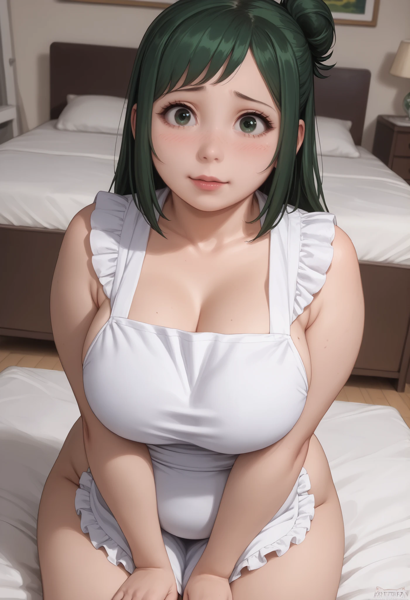 ​masterpiece, Best Quality，top-quality，{{{女の子1人}}}，独奏，{{{Sanae Dongfeng Valley/kochiya sanae}}}，{{{frog hair ornament}}}，light green hair，Long Wave Hair，hair tubes，Green eyes(Eyes of Hearts)，red blush，{{Big breasts}}、Bedroom background、full body seen、A slender、fullnude、Courtship action、I'm dripping with my mouth open、Embarrassed face、Lying on your back、photos realistic、Beautiful breasts