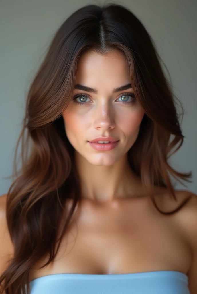 Un belle femme brune, visage parfait, les yeux verts, sportive avec des formes, mat de peau, ou on voit ses seins