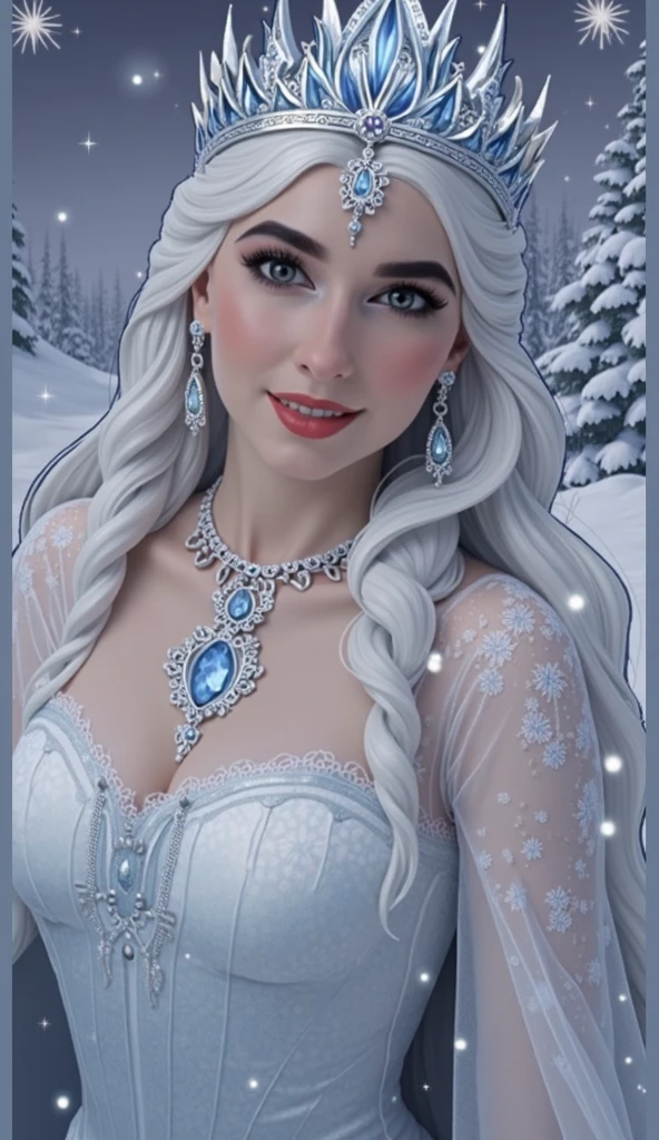 Ice Elf (cute woman, blue skin, deep blue eyes, pointy ears, waist length pale hair, sapphire sequin sparkling evening gown0 inspecting her ice sculpture flower garden in a snow landscape, twilight
