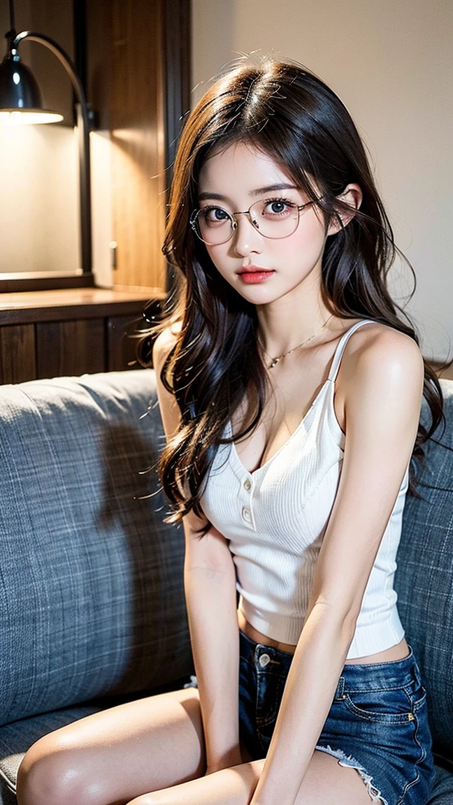 (Best Quality, Ultra-detailed, Golden ratio, masutepiece:1.2), theatrical lighting:0.7, Photo of 18-year-old Riga Hyun Korean woman in uniform,Female Lesbian, face perfect, (highlydetailed skin), Randomly colored hair, Hide your mouth with your hands、Ridicule, Skin Texture, pale skin, Shiny skin, (slim, Large:1.2), [:(sharp focus on face, Perfect eyes:1.2):0.2], Photorealistic, Film grain, Put one foot forward、from below looking up、Looking at the camera、Focus on the face、Stockings、eye glasses、Raise the corners of your mouth and smile、disdainful expression、Hold one leg、sitting on