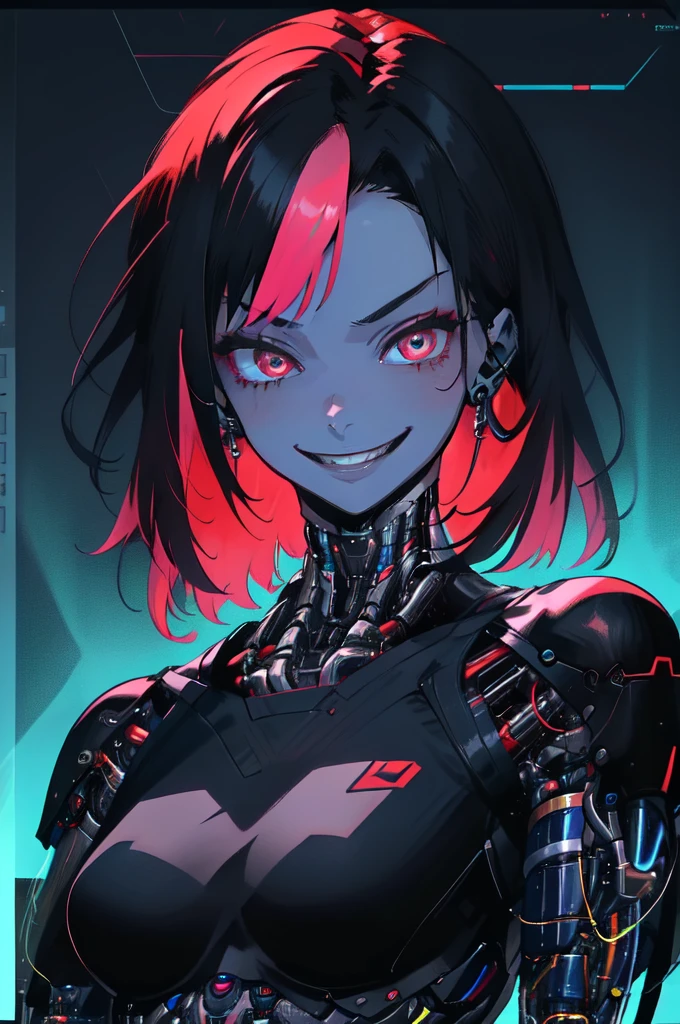 woman, cyborg, high ponytail, eletronics implants, perfect body, black hair, corruption, seductive  smile, evil smile, finger on lips