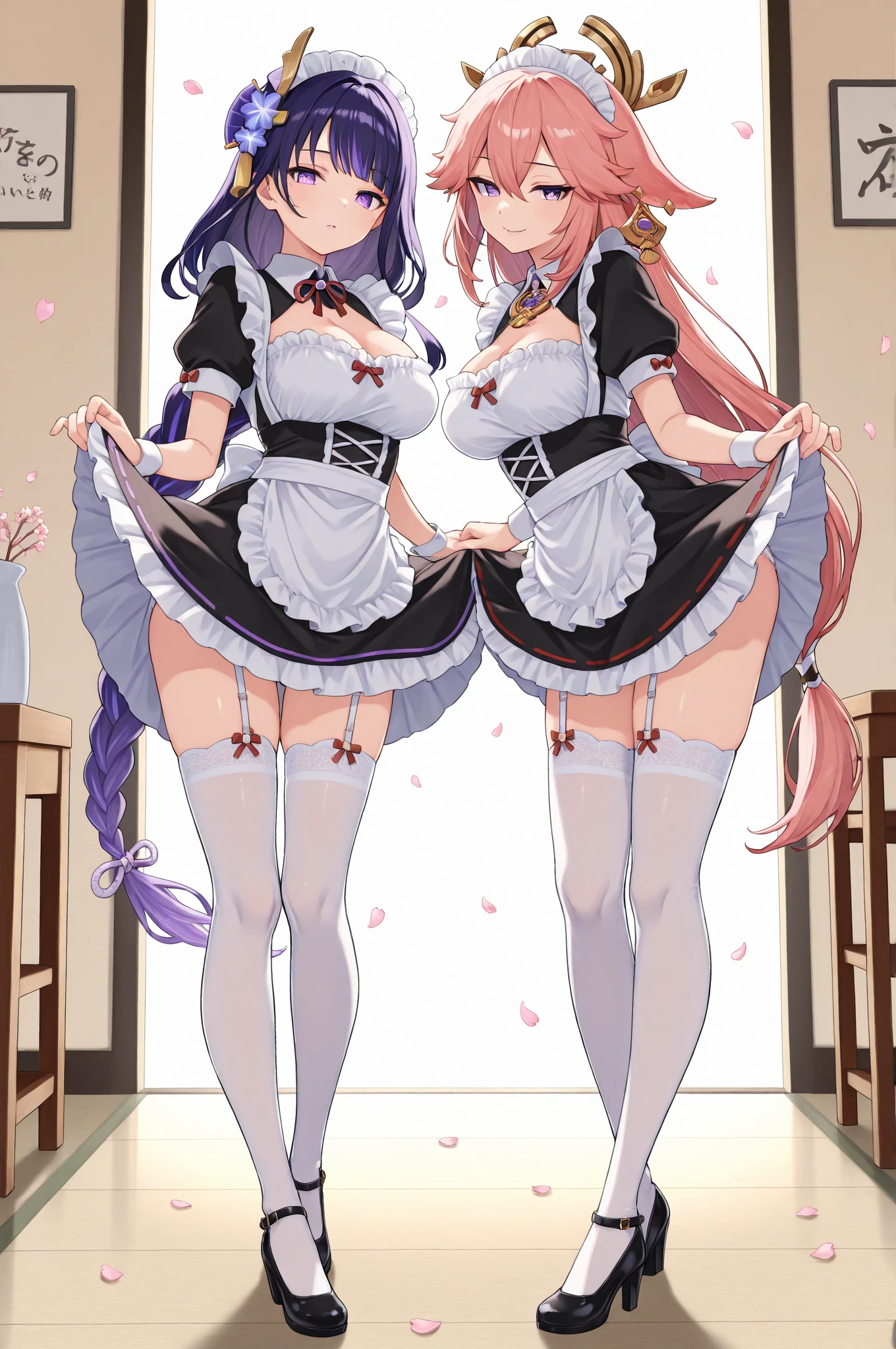 highest quality, masterpiece, ((2 girls:1.5)), ((smile:1.3)), (blush:1.3), Black Shirt, blouse, ((fun!!)), (Small breasts), Blonde, (Long sleeve), ((White apron:1.5)), ((Maid)), ((hair ornaments)), Kamimei, look at me, ((in house:1.5)), Taking a break from watching the audience, Cowboy Shot, (skirtlift:1.3), (Highly detailed pink striped panties:1.3), (Highly detailed panties:1.3), (skirt that rolls up:1.3), (Panties fully exposed:1.5), Light blue eyes, long hair, Glowing Eyes