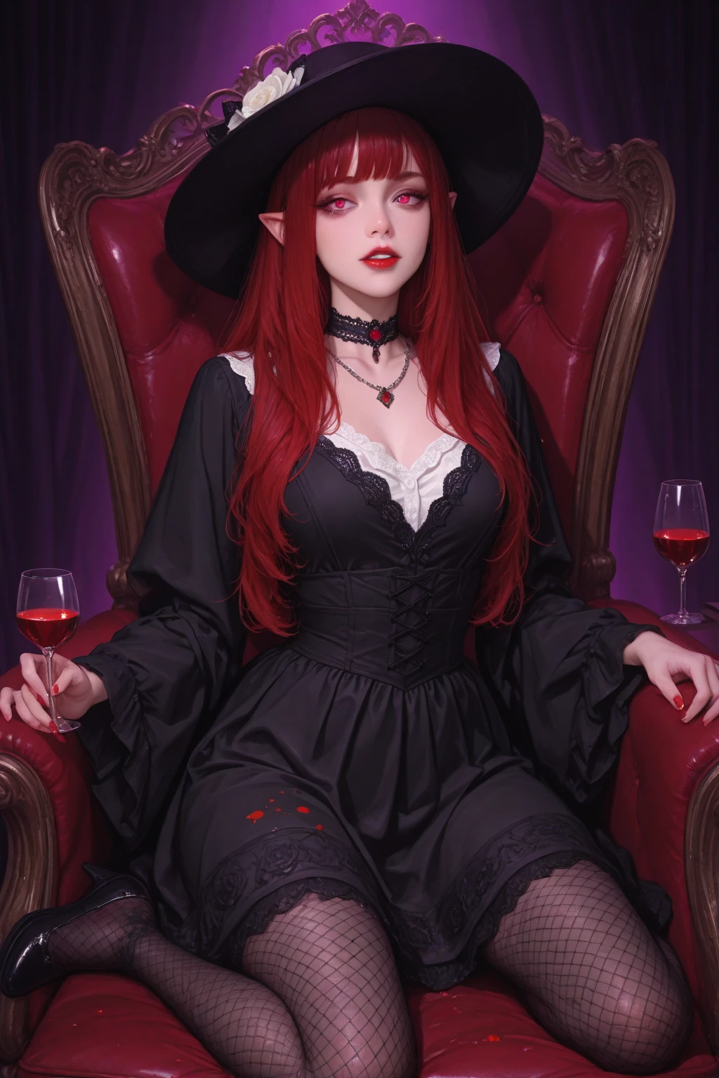 1 female、(european:1.2)、(redhead:1.1)、(super beautiful)、(beautiful face:1.5)、(adult face)、18 year old witch、(white panties:1.2)、spread your legs to the side、(wizard hat)、(black dress:1.2)、library 、stockings 、wearing makeup、libray chairs、(At SFW:1.7)