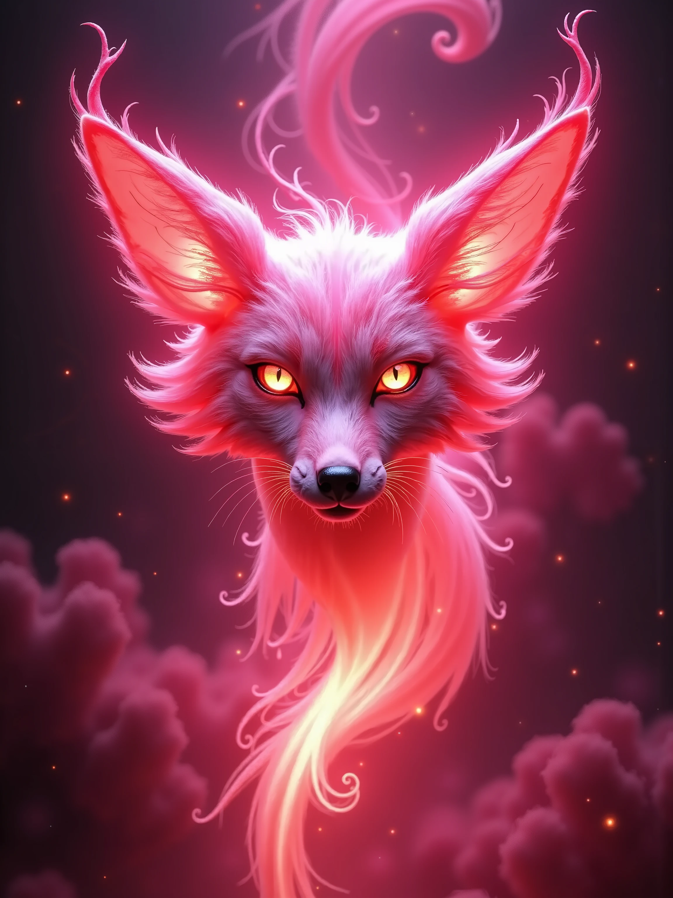 (a floating shinto fox god head, single cut-out, red-to-pink gradient background)