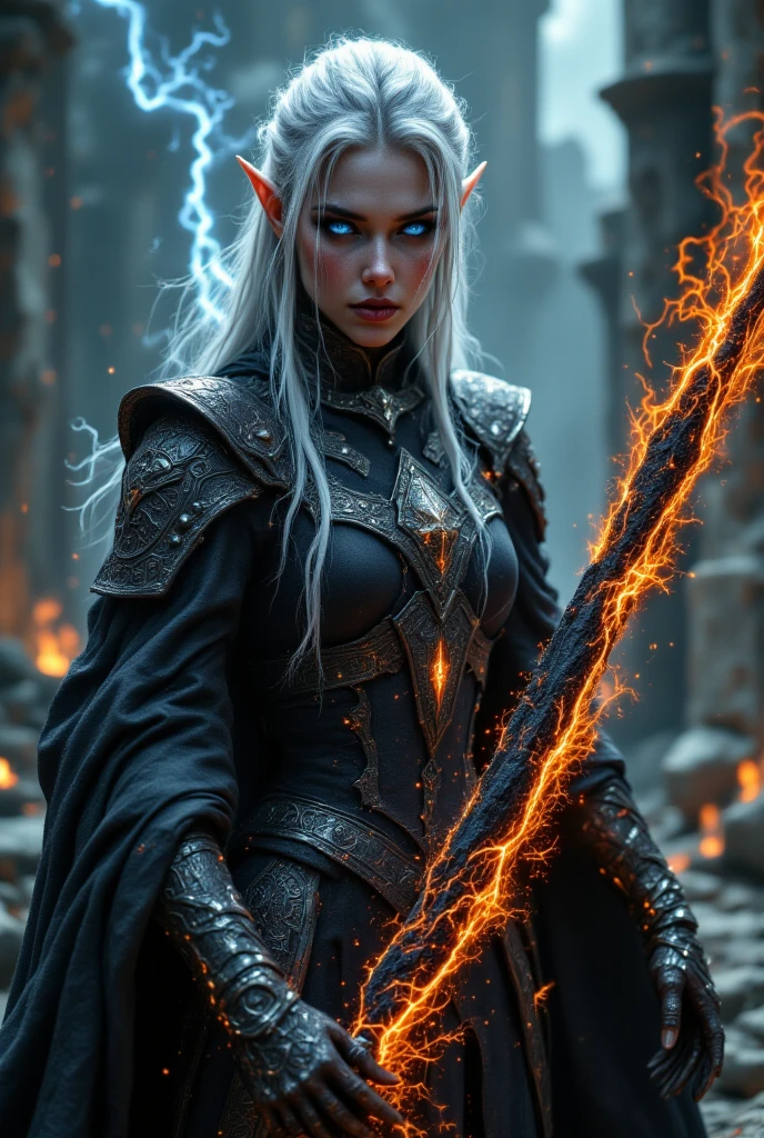 ((Ultra-thin illustration, 8K, Tabletop :1.2, Sharp focus :1.2, Depth of written boundary:1.2)), Beautiful Female Swordsman, Absurd, Highly detailed face and skin texture, Silver Hair, Jet Black Armor, Flame Armor, Cloak on Fire, Flaming Sword, Determination to overcome sadness, There is a sign of determination in your kind eyes , Strong Soul