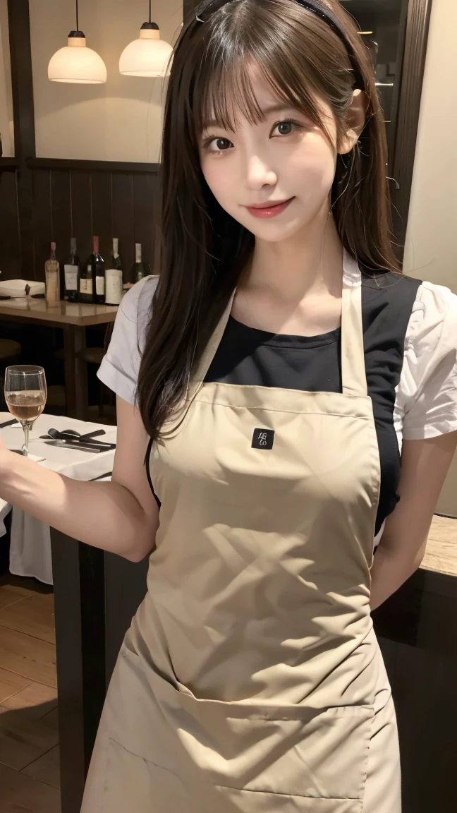 (Best quality, 8k, masterpiece: 1.3), a beautiful woman with perfect figure: 1.4, dark brown hair, wearing a pendant, wearing an apron, in the kitchen, highly detailed face and skin, detailed eyes, double eyelids, big breasts, crying a little, little smile