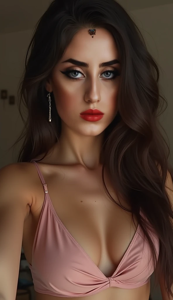 Sexy woman, long wavy black hair, big forehead, seductive eyes, pink lips, long neck, dress