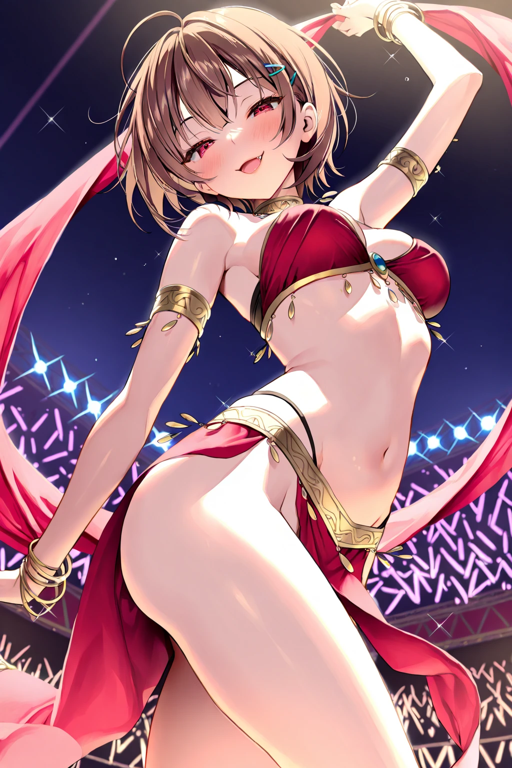 lui-base,light pink hair,solo,,score_9, score_8_up, score_7_up,best quality, official art, official style,source_anime,embarrassed,shy,dim lighting,looking at viewer,pole dancing,crotch rub,gold micro bikini,pussy juice,red curtain background,squatting,
