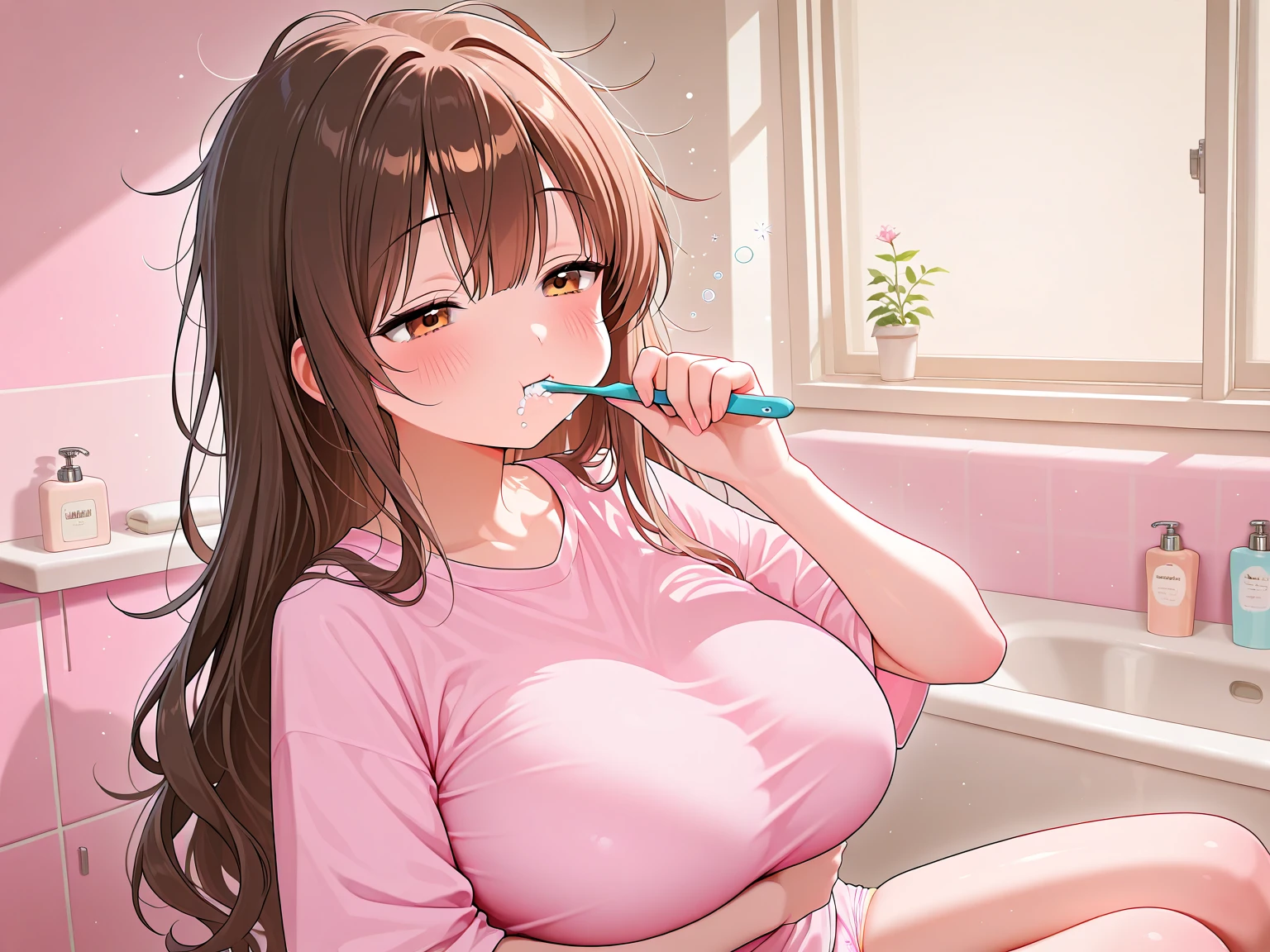 masterpiece,high resolution,ultra detailed,light brown hair,(,penis in female's hands,blowjob pov:1.1),in bathroom,tender adult female,curvy body,look at viewer,soapsuds on hands,(tareme),sitting on floor,from above,(face focus),cum on hands andin mouth,excessive cum,smile,open mouth