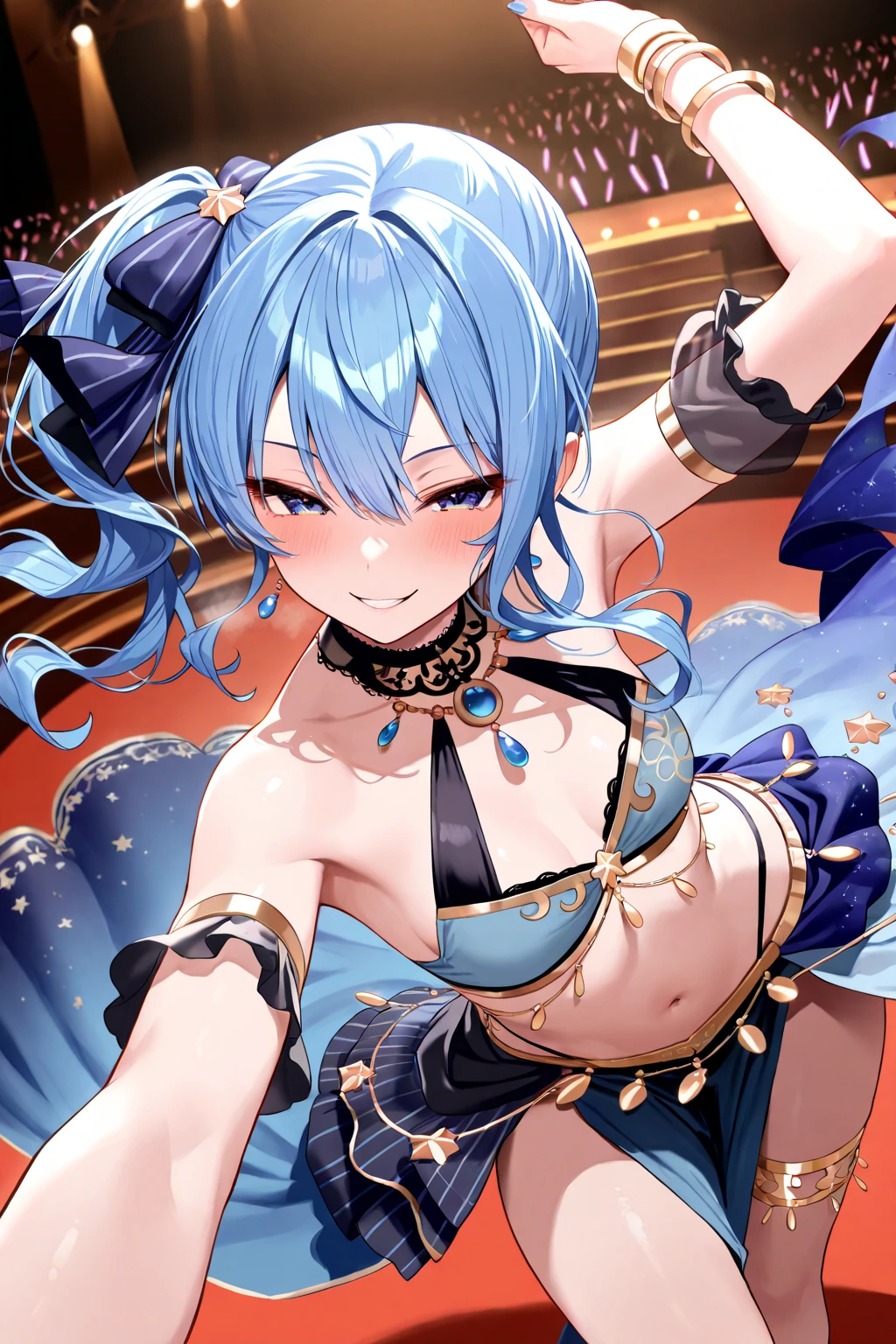 Anime Moe Art Style,Highest quality,High resolution,Anatomically correct,One Girl,Mid-teens,Girl with light blue hair in a ponytail,Very detailed,Fantasy World,Big Breasts,Shiny skin,Beautiful Skin,A rich expression,A big smile,Circus,Stage Costumes,Knife throwing tricks,Detailed drawn eyes,hair ornaments,8K