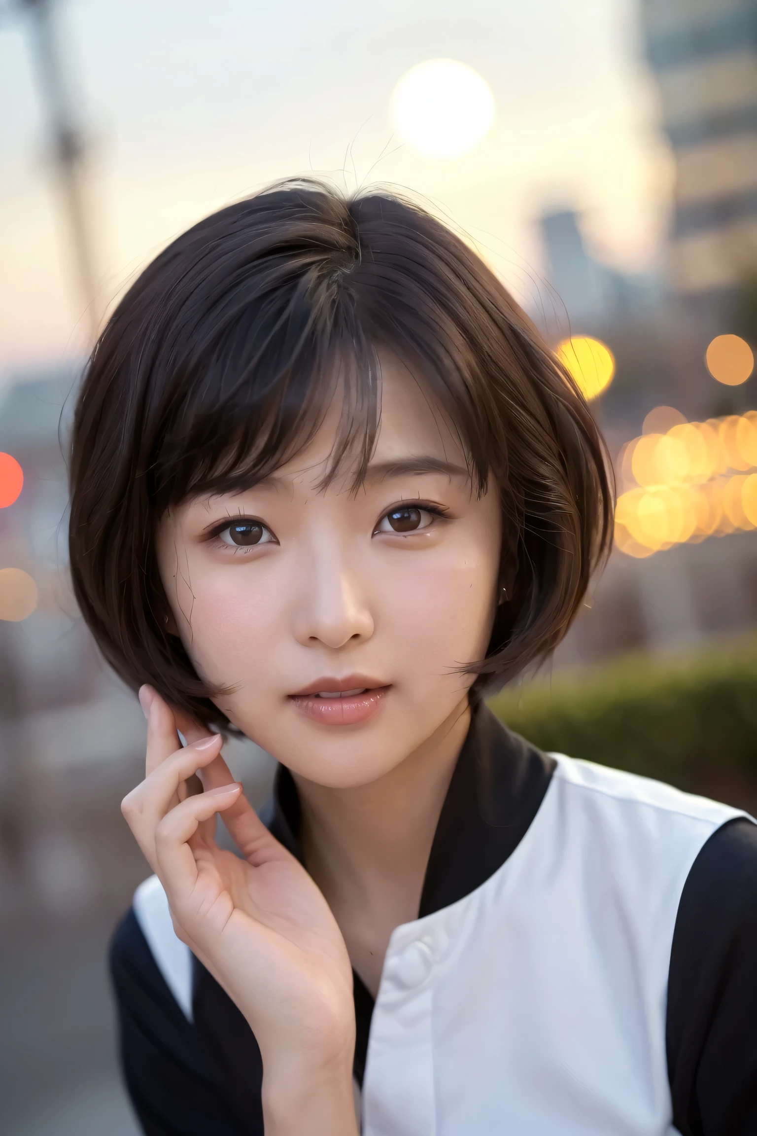 (top quality, High Accuracy Selection, masterpiece:1.2), Detailed Description, realistic:1.37,(perfect anatomy), (pictures with rich gradations)、Low Depth of Field Photos、(close-up of facial expressions) 、middle-aged woman in sailor suit、(looking at the camera)、(slim body)、(close-up of facial expressions)、(looking straight ahead )、(looking at me with a smile)、(Idol woman in uniform)、photos taken from the front、(portrait photo)、beautiful skin,small breasts、big eyes,(Shining Eyes:1.3)、smile、(looks ahead)、super short hair,show forehead、黒い髪 、beautiful lips,big eyes,黒い髪、super short hair、Katyusha、( The background is a big city at night:1.2)、Night Sky、(The big moon is out)、I can see the stars 、