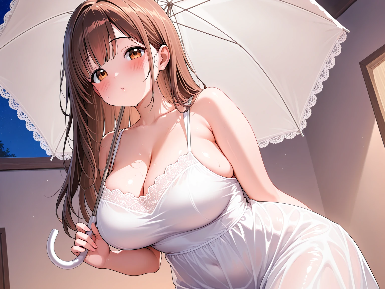 see-through, satin, silk, (pink panty), (High quality, High resolution, Fine details), setting sun, Backlight, A straight stretch of railroad track, White Dress, White Hat, solo, curvy women, light brown hair, sparkling eyes, (Detailed eyes:1.2), smile, blush, Sweat, Oily skin, shallow depth of field, Fantastic