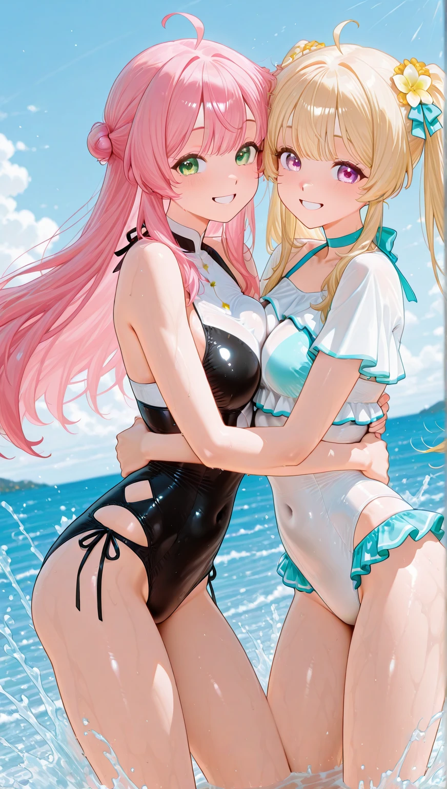 some pretty anime characters fighting over water with one another over the top of them a sun blushing lewd face while wearing very tight boots micro bikini